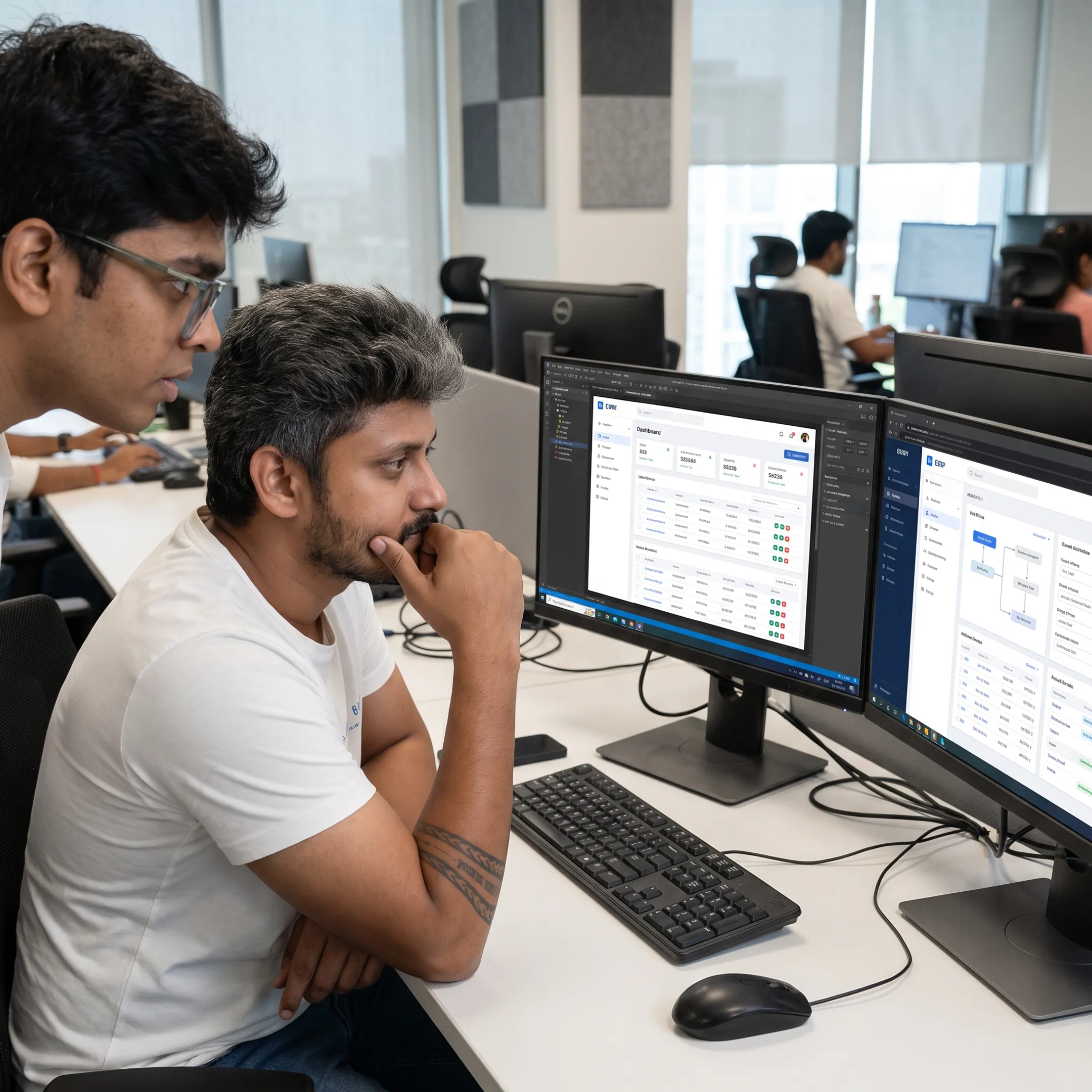 Custom software development team collaborating on a business application
