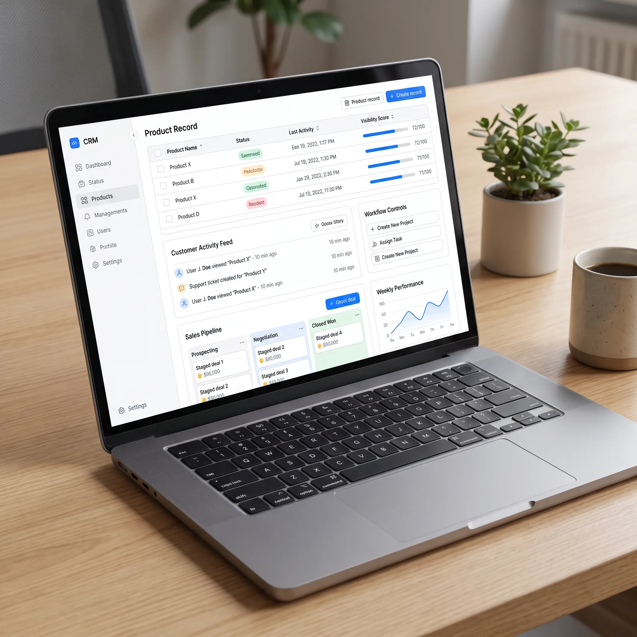 CRM product management dashboard on a laptop