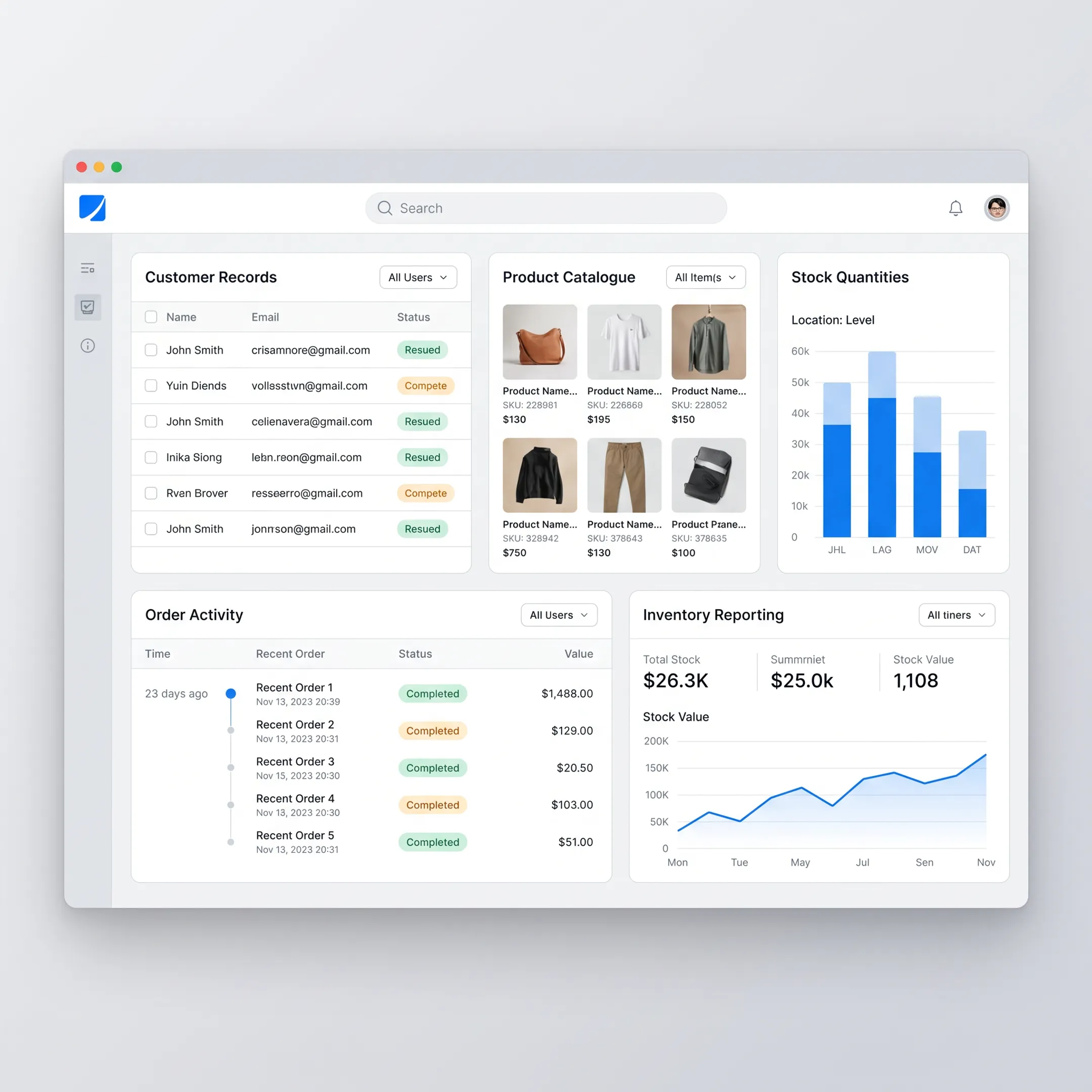CRM inventory management dashboard showing customers, products, and stock levels