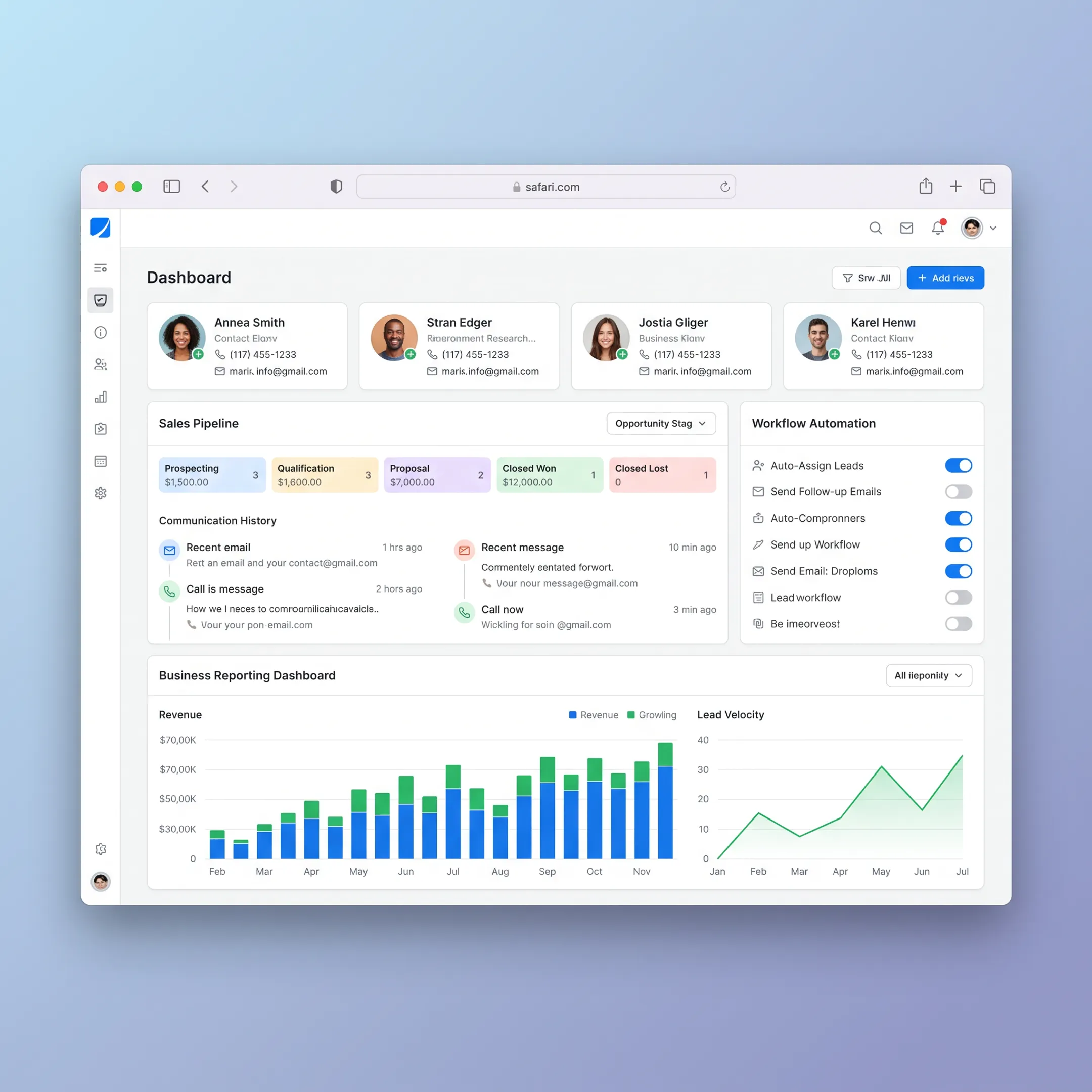 Custom CRM dashboard showing customer lifecycle data