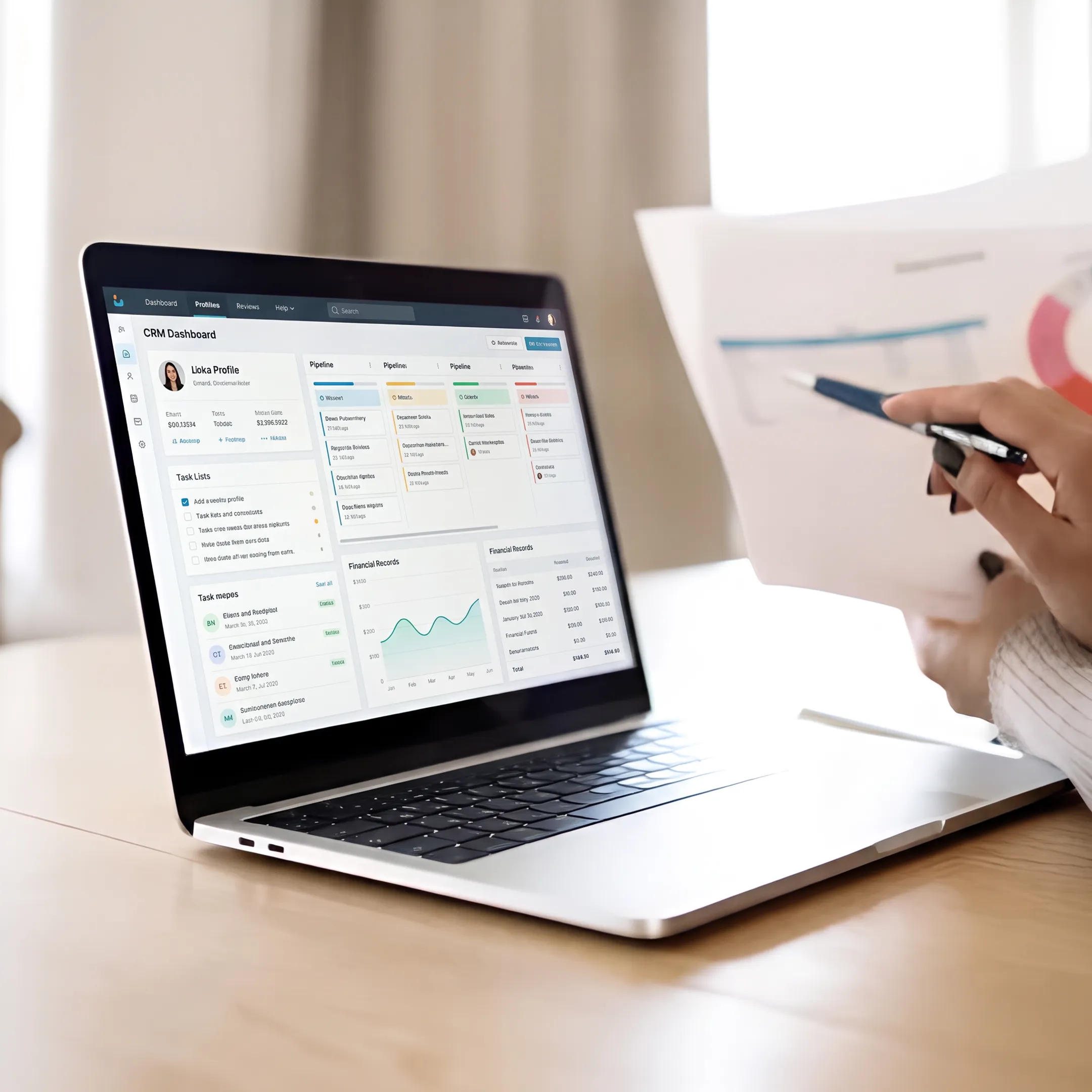 Accountant reviewing CRM dashboard with organized client records