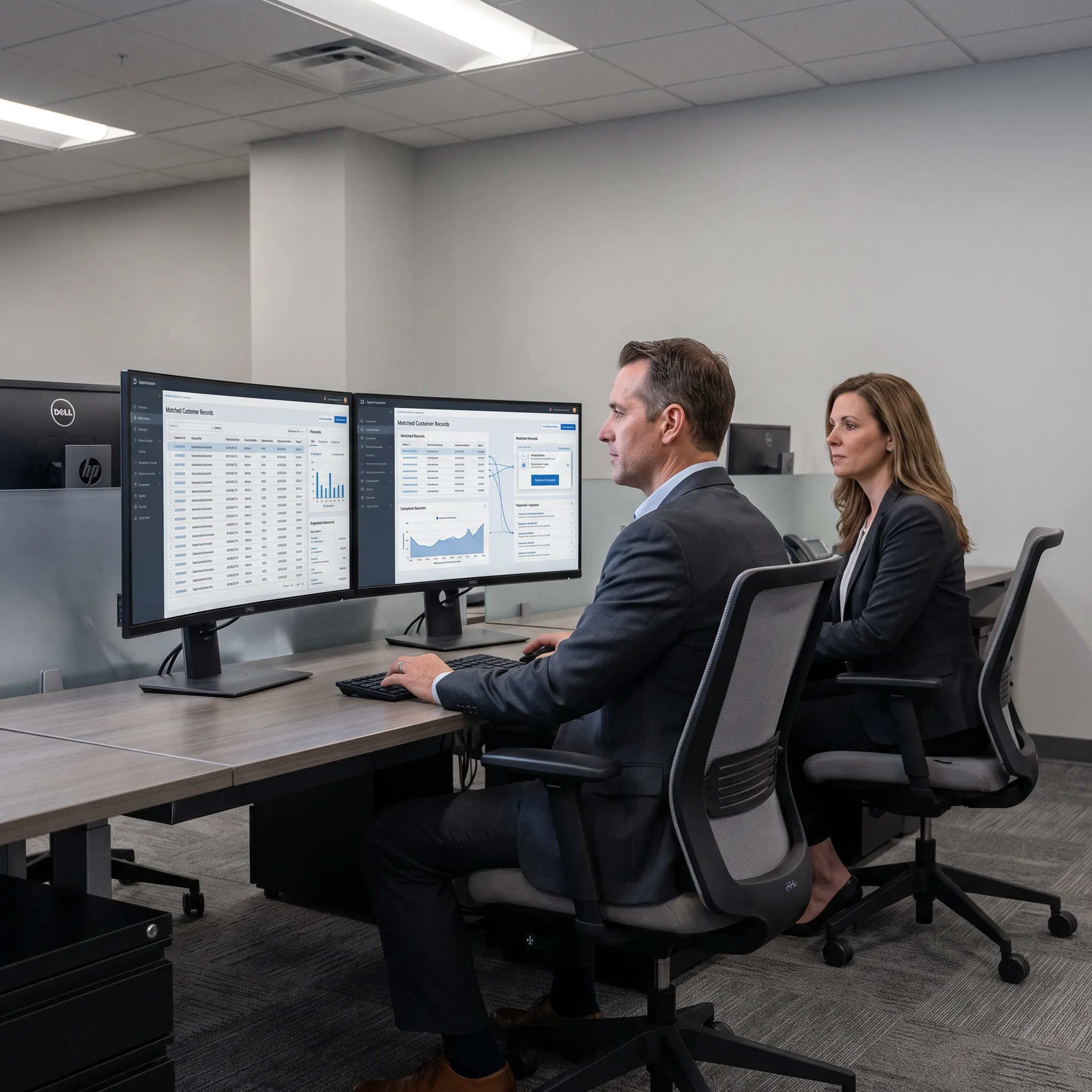 Consultant reviewing matched records across connected business applications