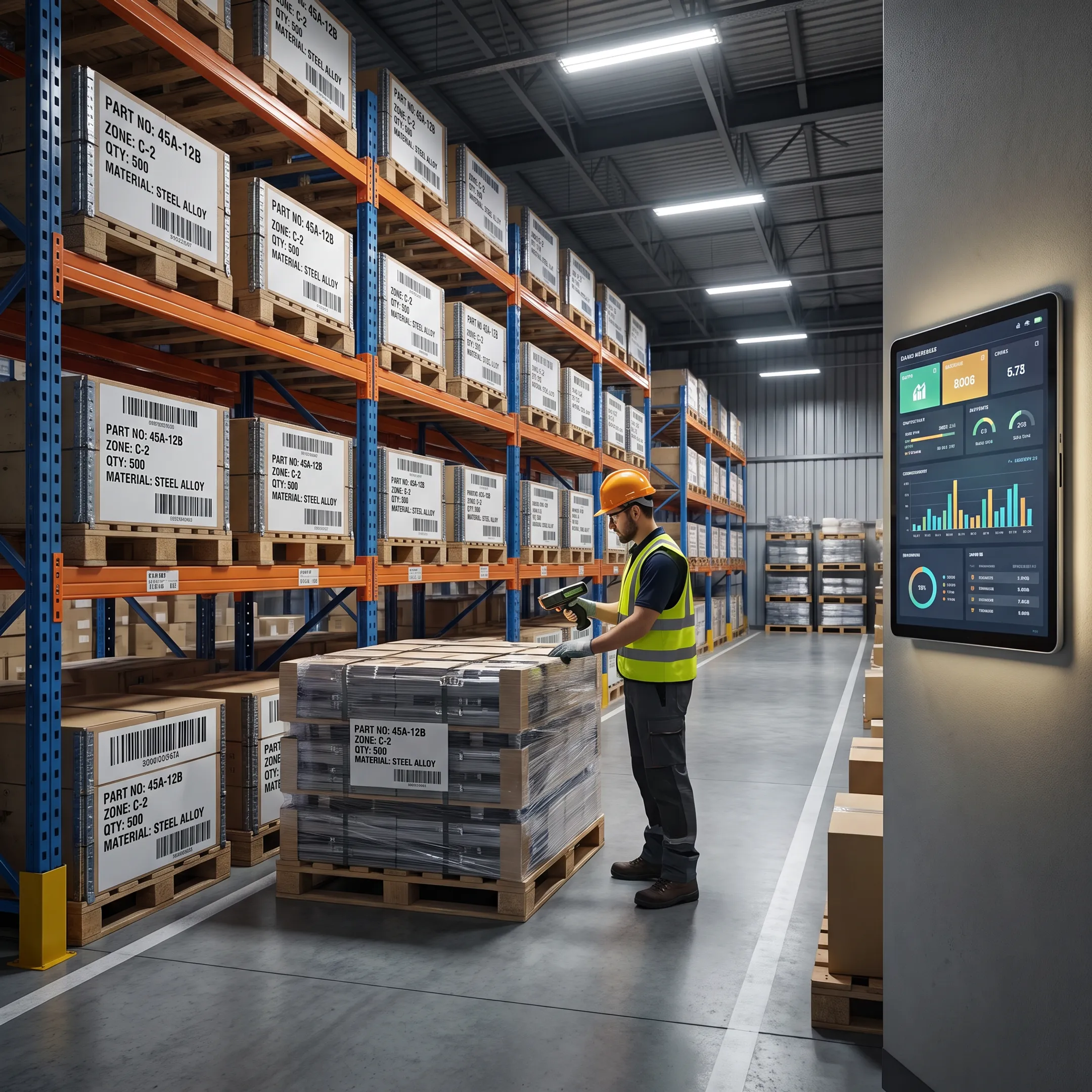 Manufacturing inventory management software dashboard beside organized warehouse stock