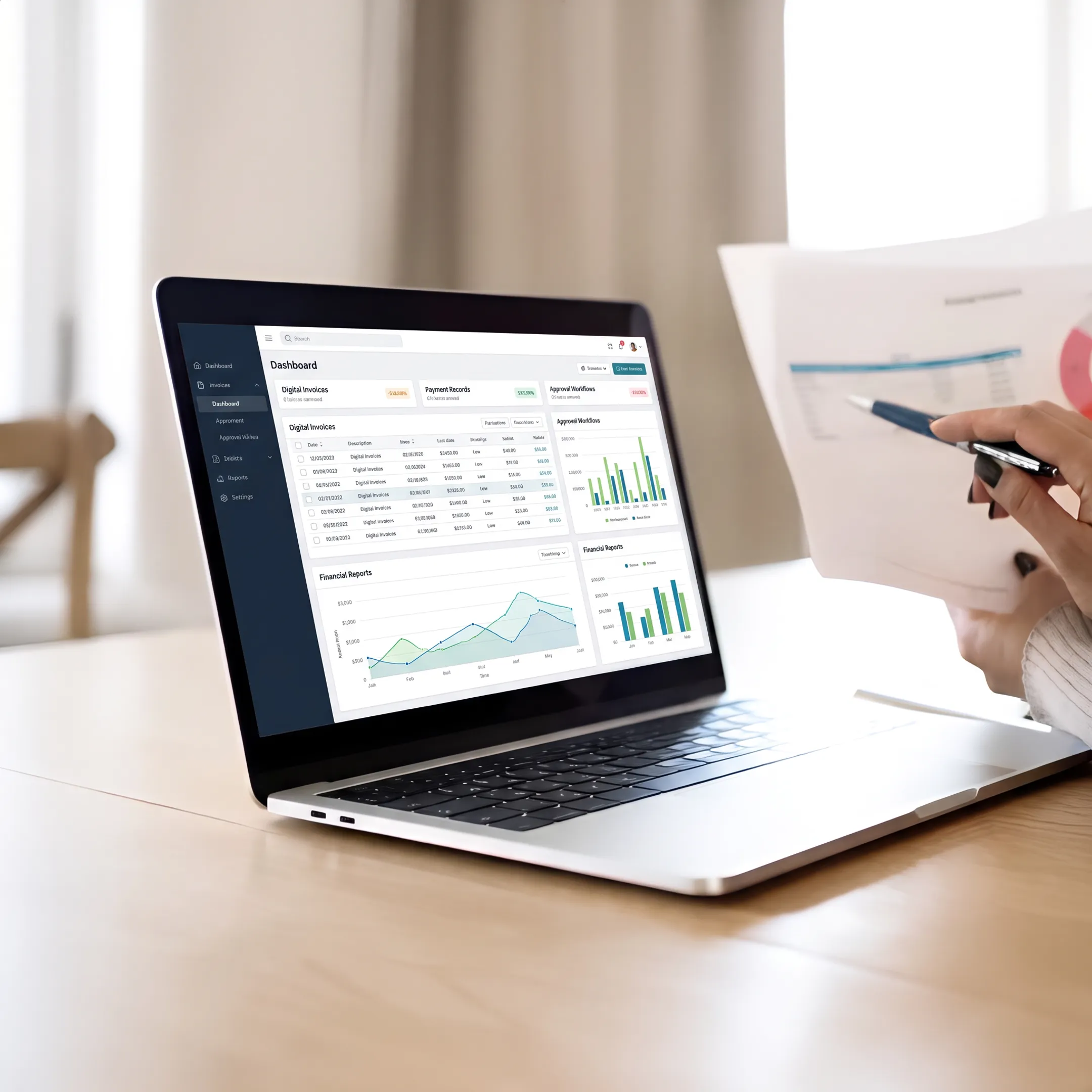 Contractor reviewing invoices and financial reports on business software