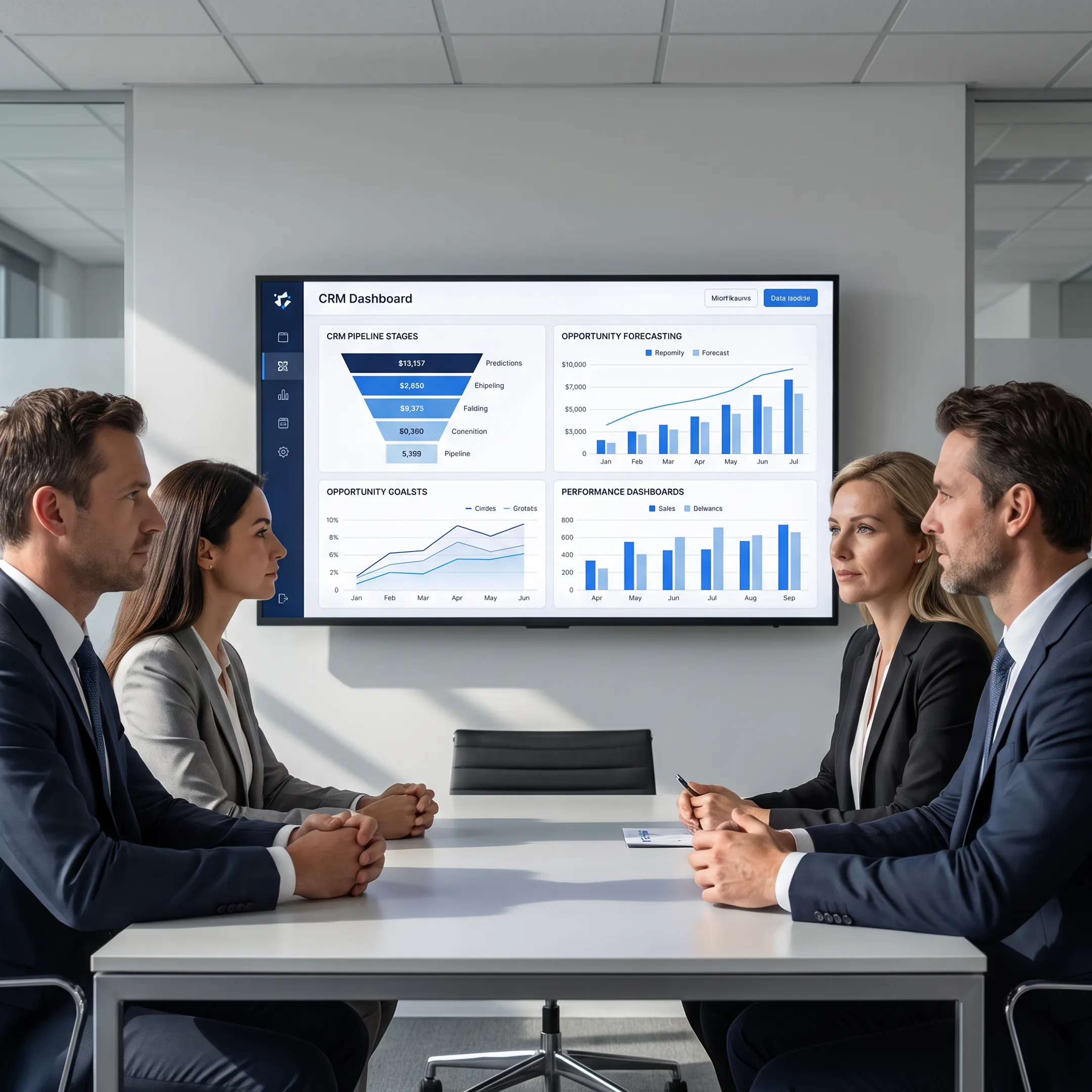 Team reviewing sales pipeline and forecasting analytics