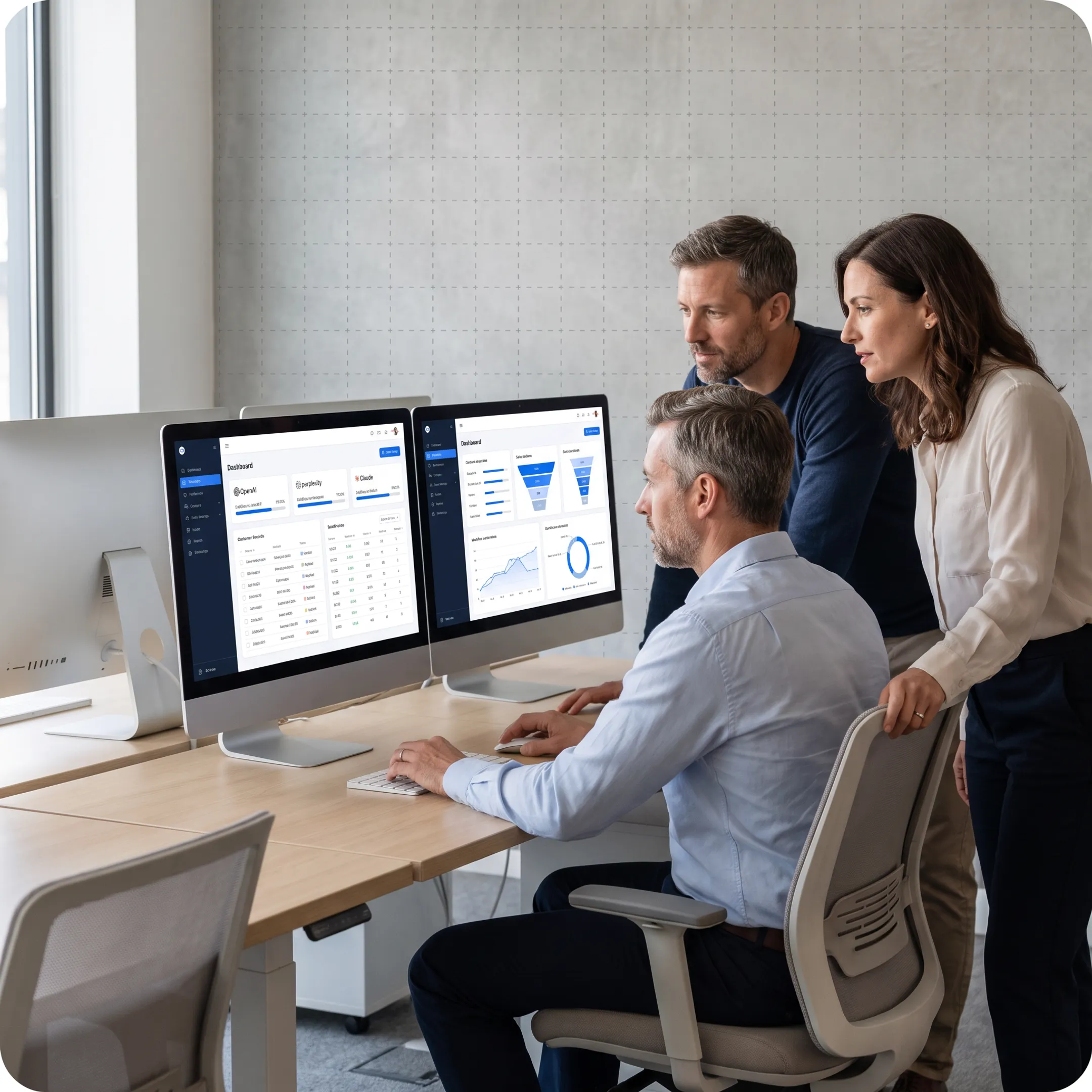 Team reviewing an account management software dashboard