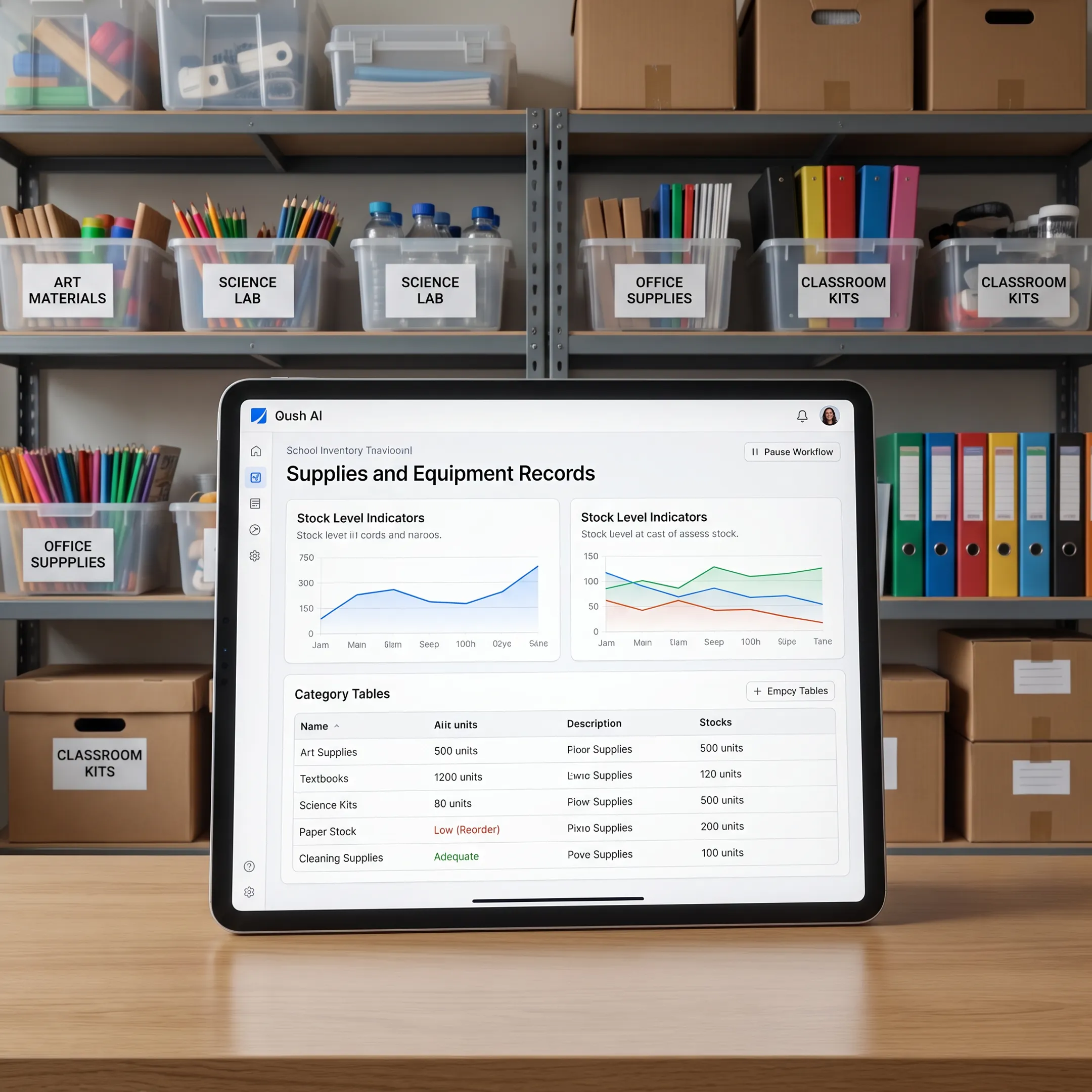 School inventory management dashboard beside organized classroom supplies