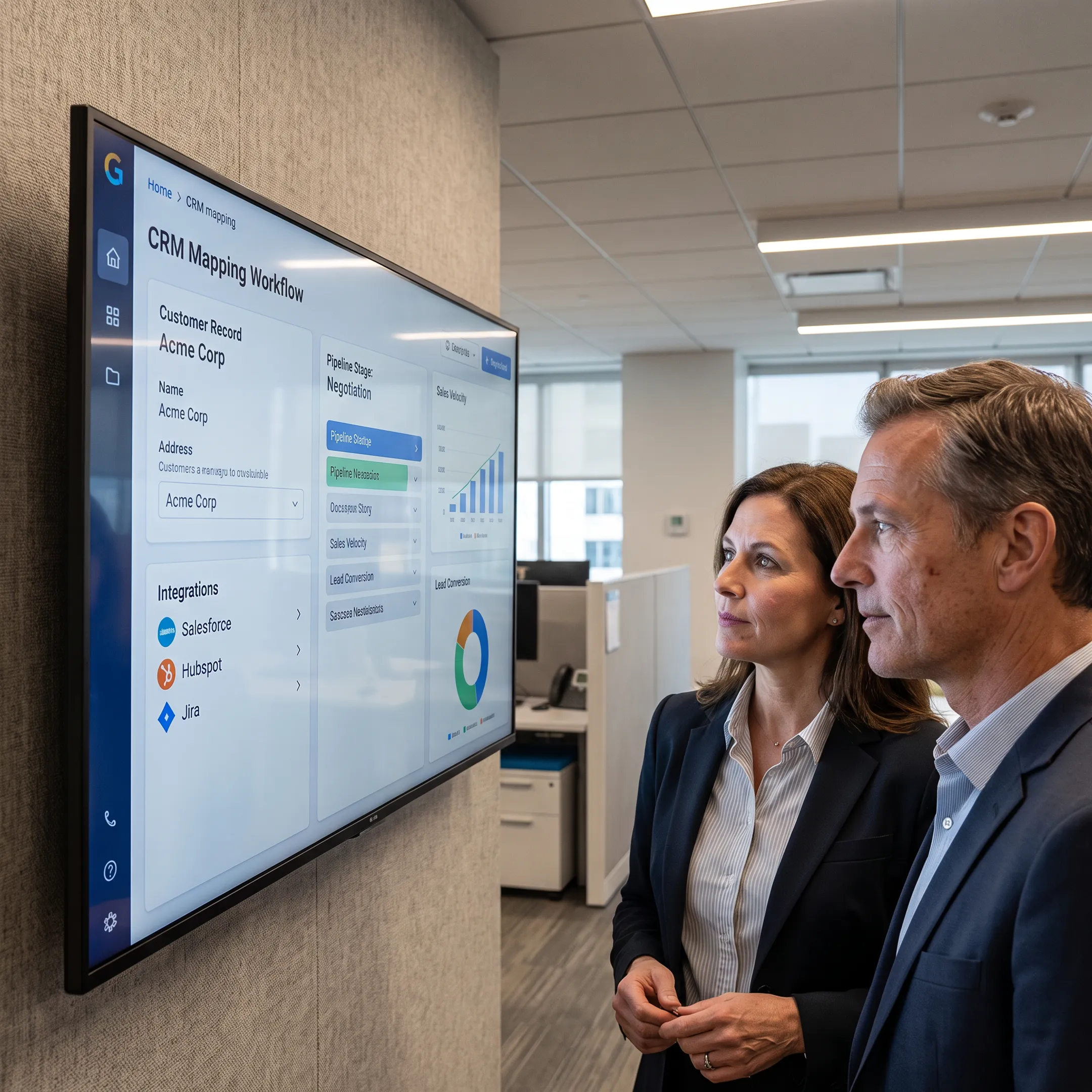 Team mapping CRM data and sales workflows on a digital dashboard
