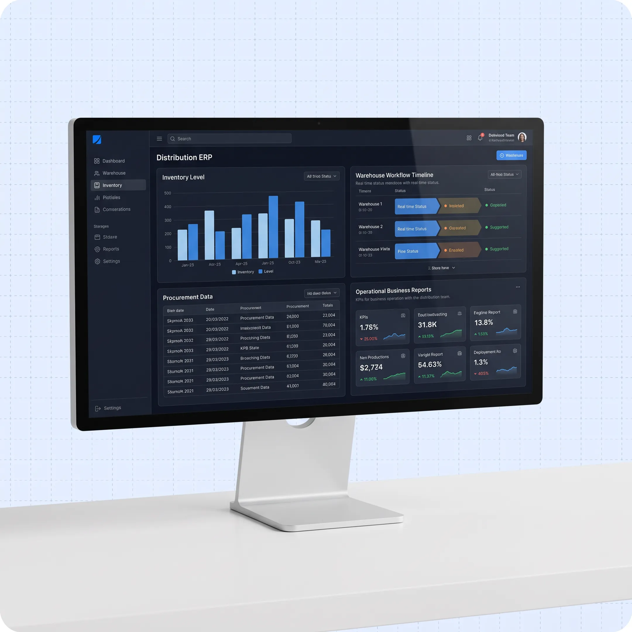 Distribution ERP dashboard showing inventory and warehouse operations