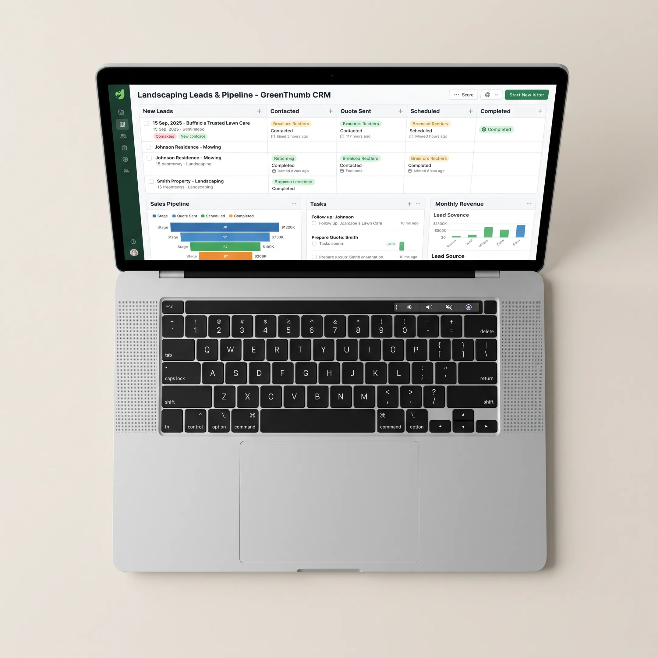 CRM dashboard for a landscaping business managing leads and customer follow-ups