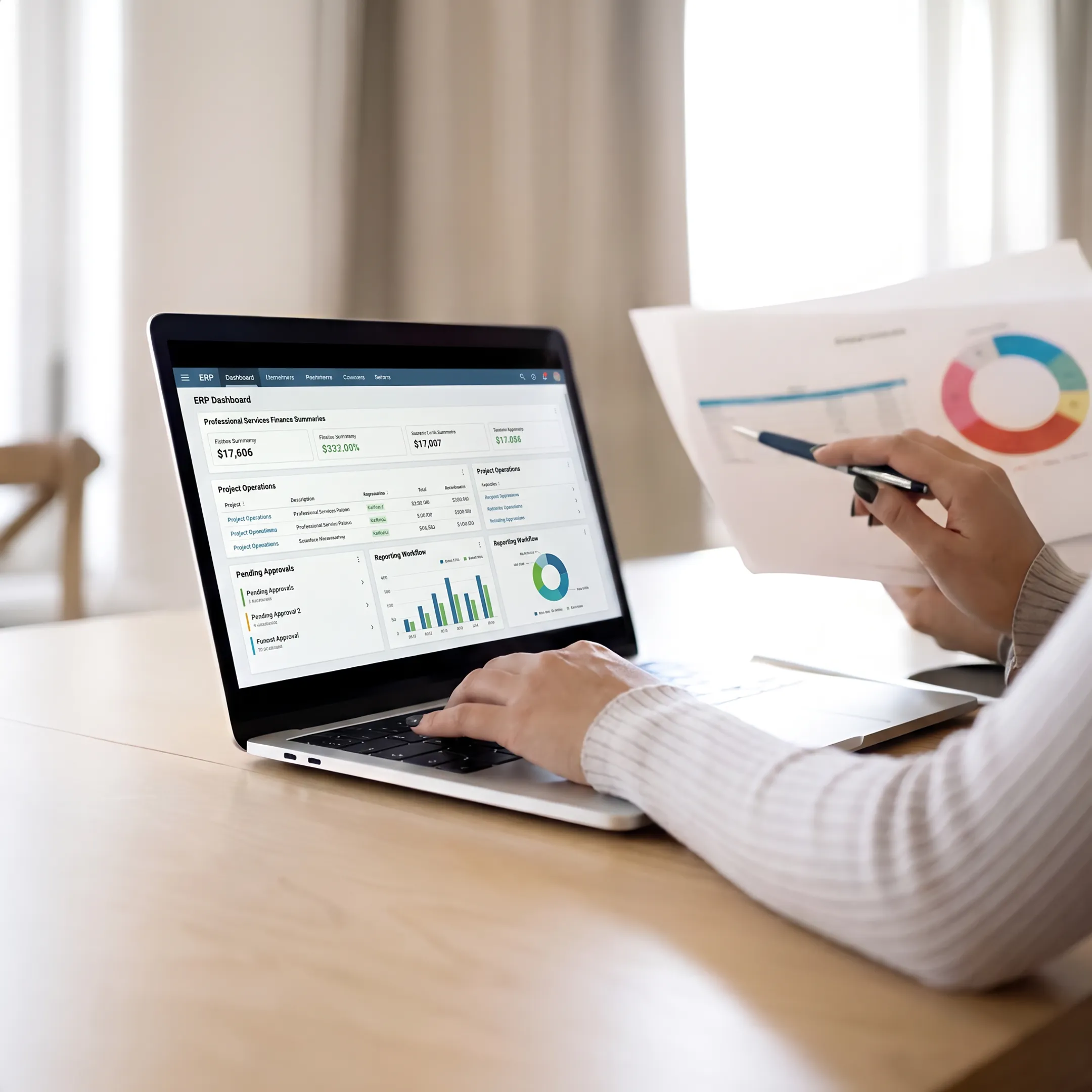 ERP dashboard displaying professional services finance and operations data