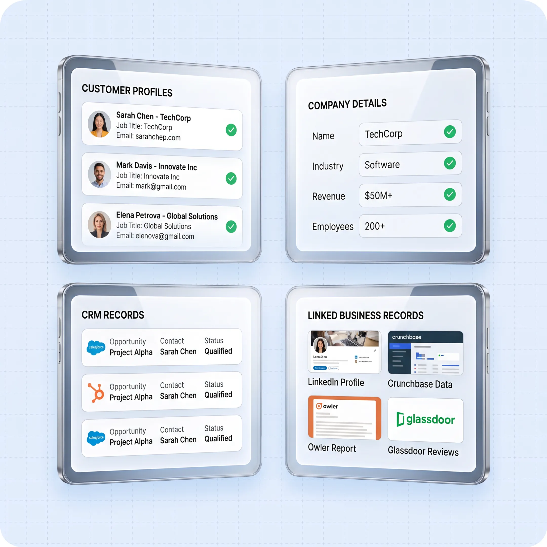 Data enrichment dashboard showing completed customer and company records