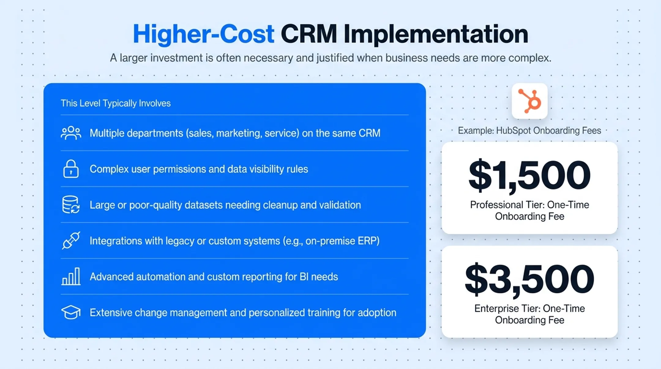 Low-cost versus high-cost CRM implementation side-by-side comparison chart