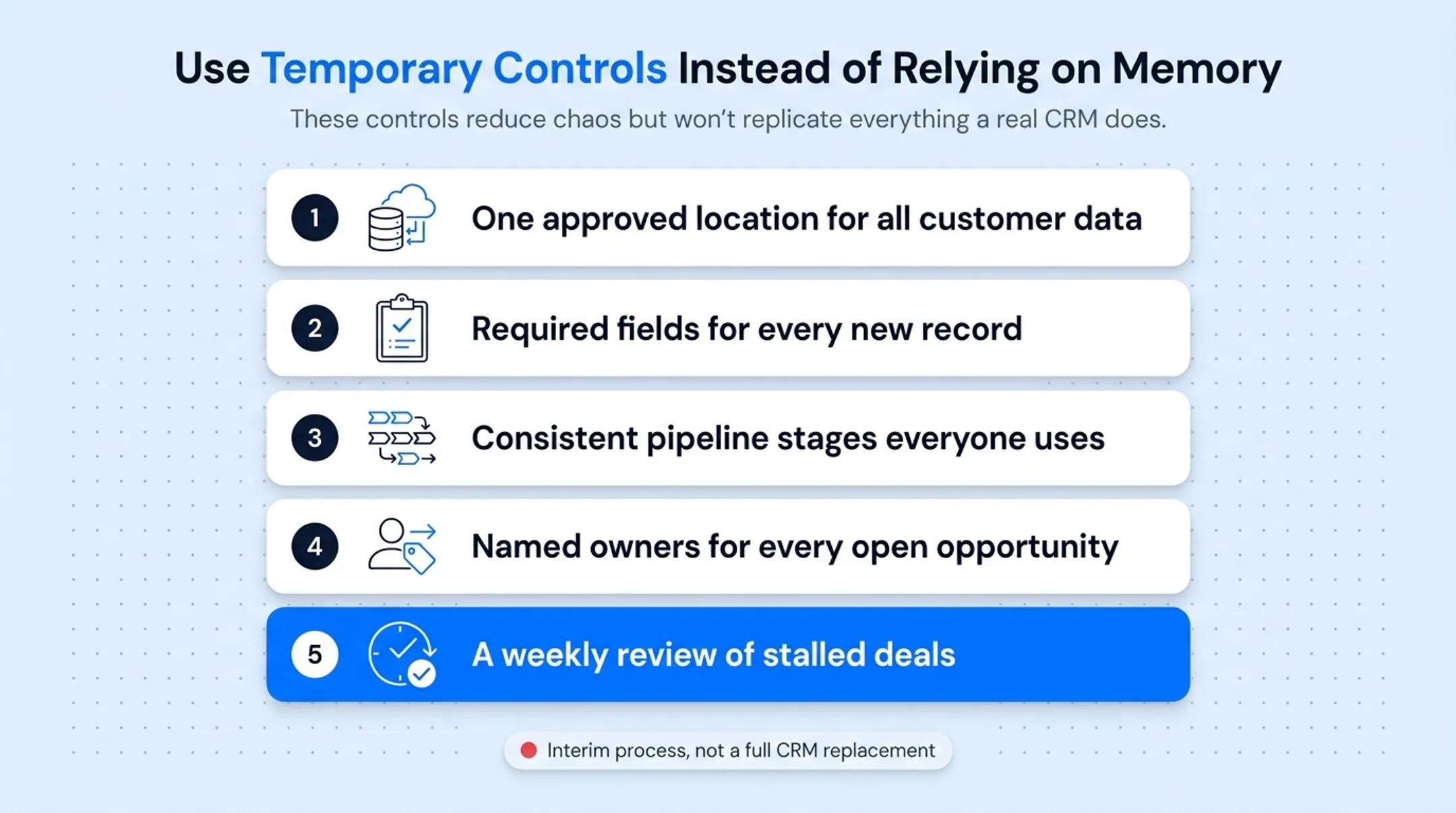 Five-step interim process checklist for managing customers without CRM