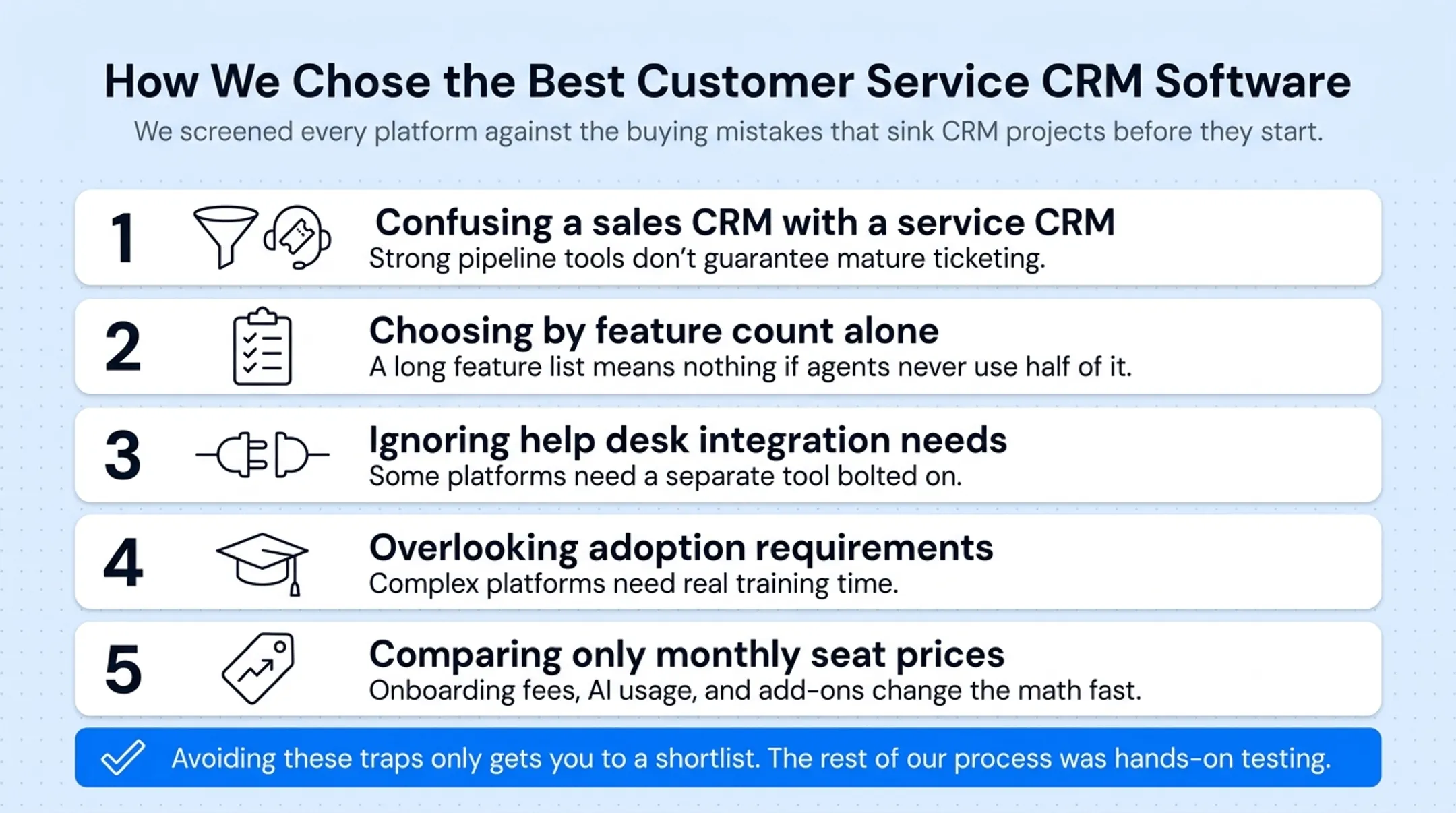 Five common customer service CRM buying mistakes checklist infographic