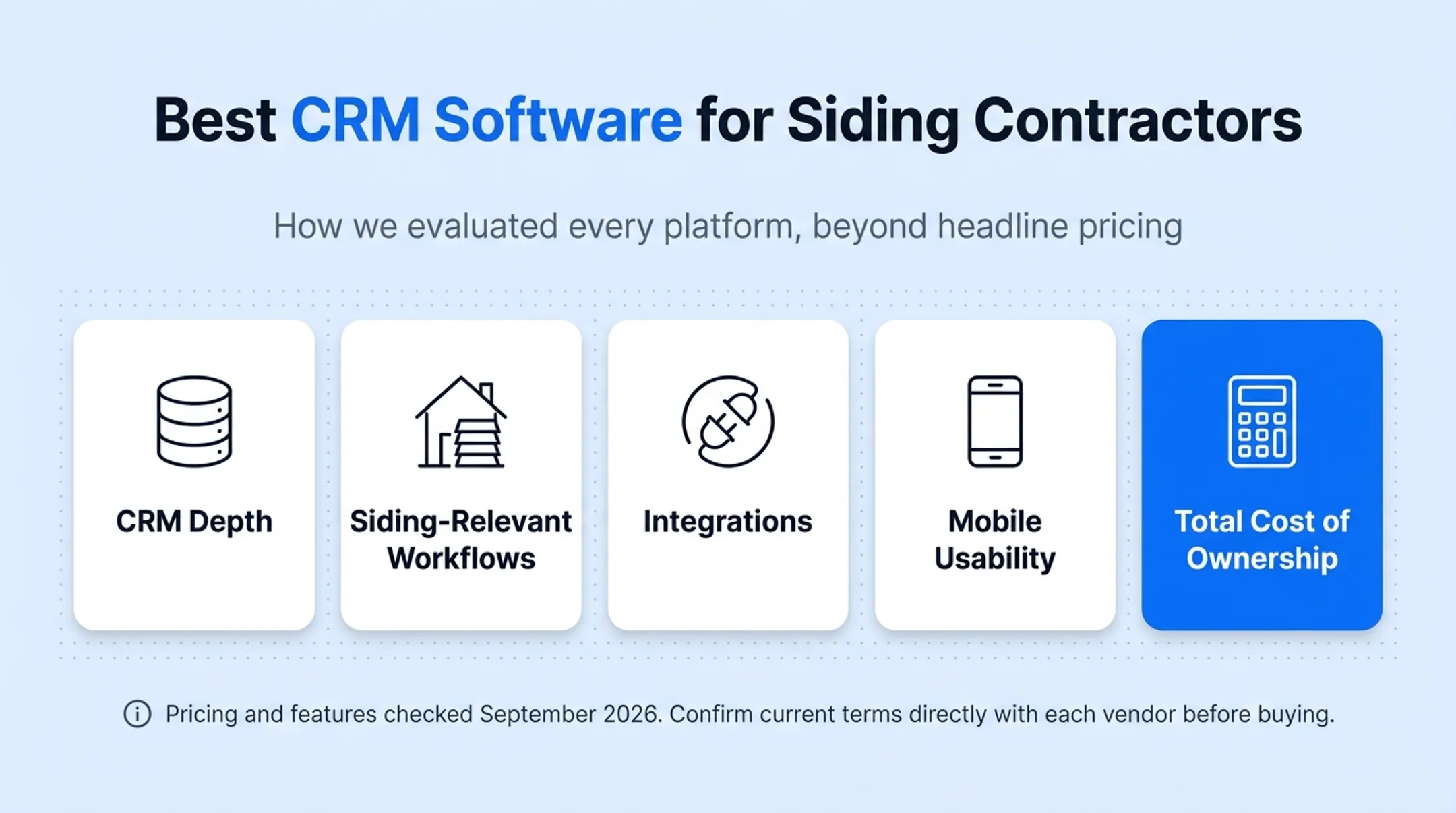 Comparison chart of five siding CRM platforms by pricing and best fit