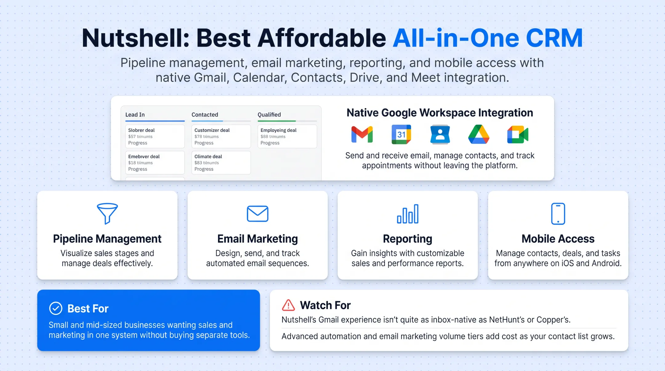 Comparison chart of five Google Workspace CRMs by pricing and best-fit use case
