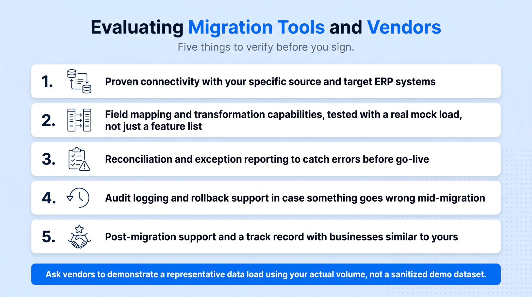Five criteria checklist for evaluating ERP migration tools and vendors