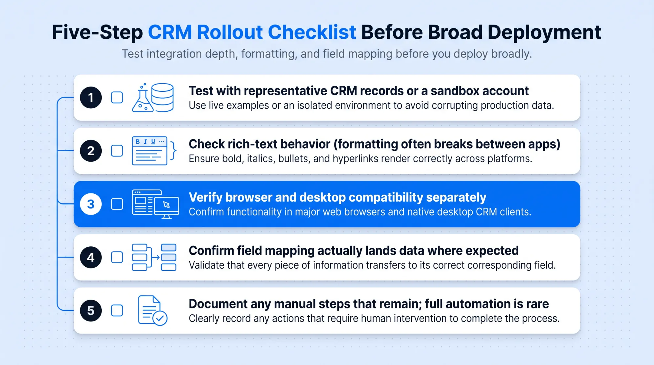Five-step CRM tool rollout checklist before broad deployment