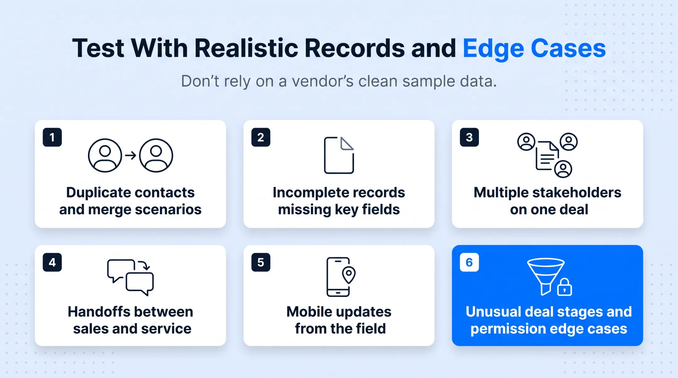 Six CRM trial test scenarios for realistic edge case evaluation