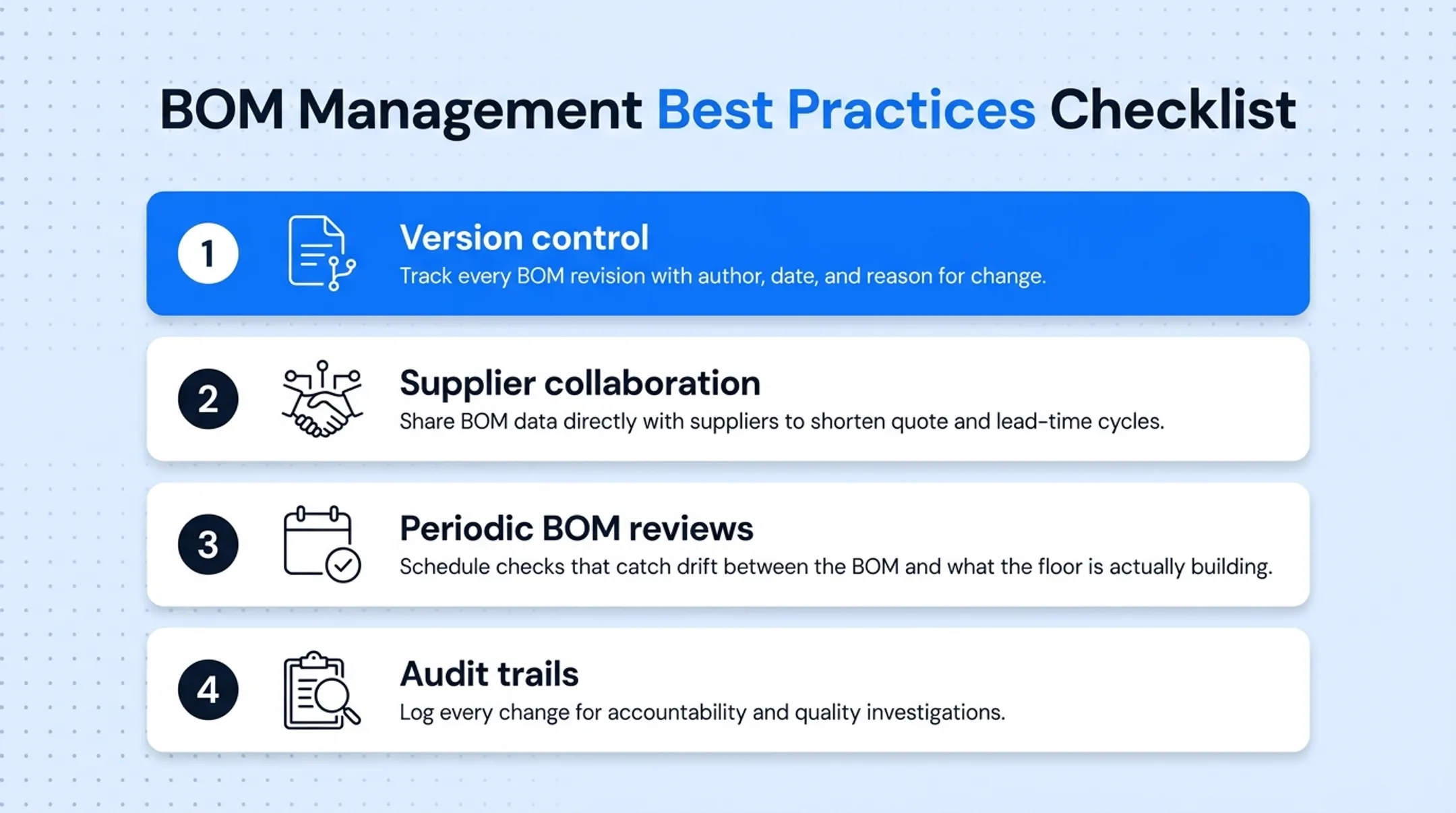 BOM management best practices checklist with four key steps