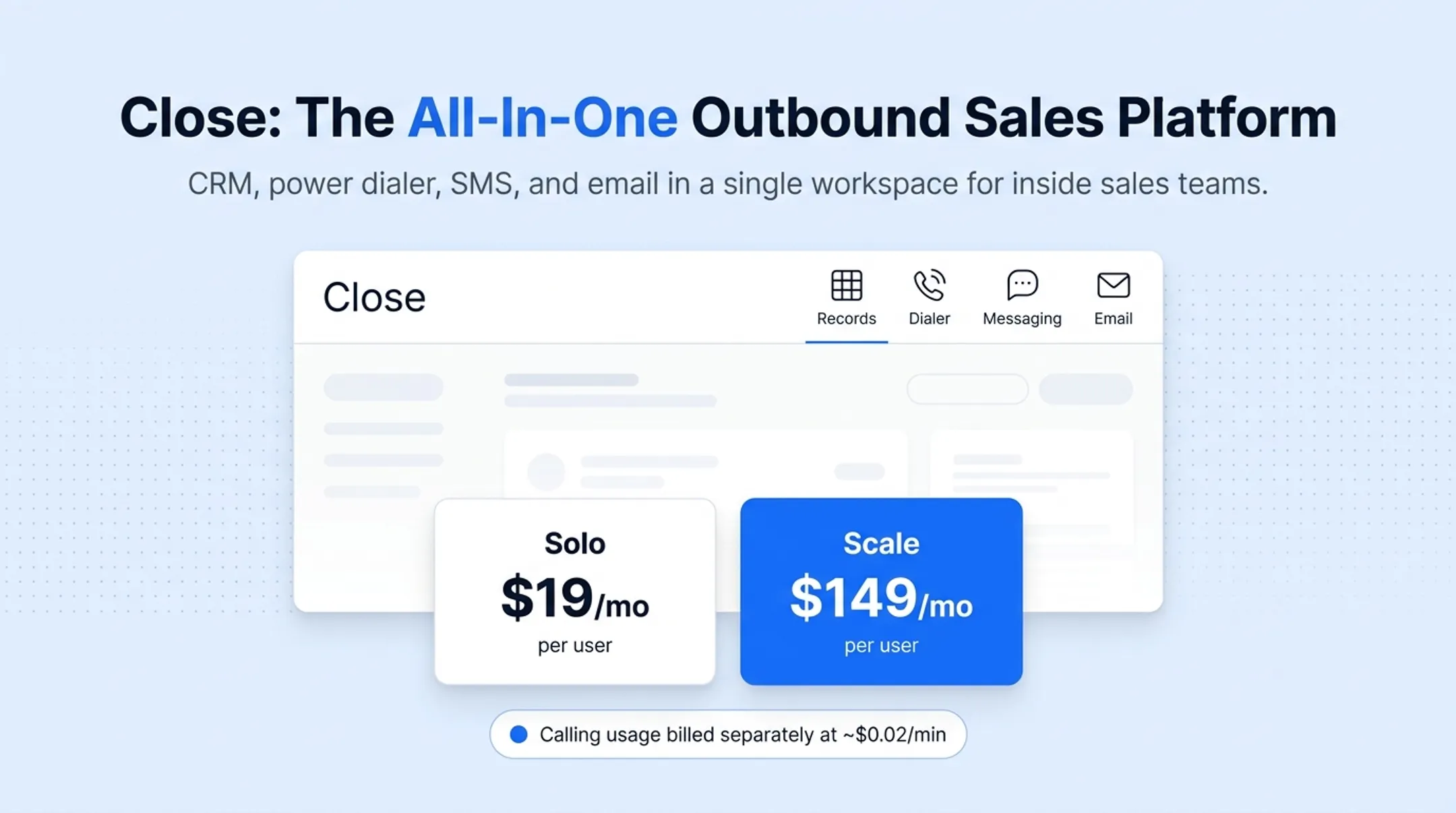 Close CRM native power dialer interface for outbound sales calls