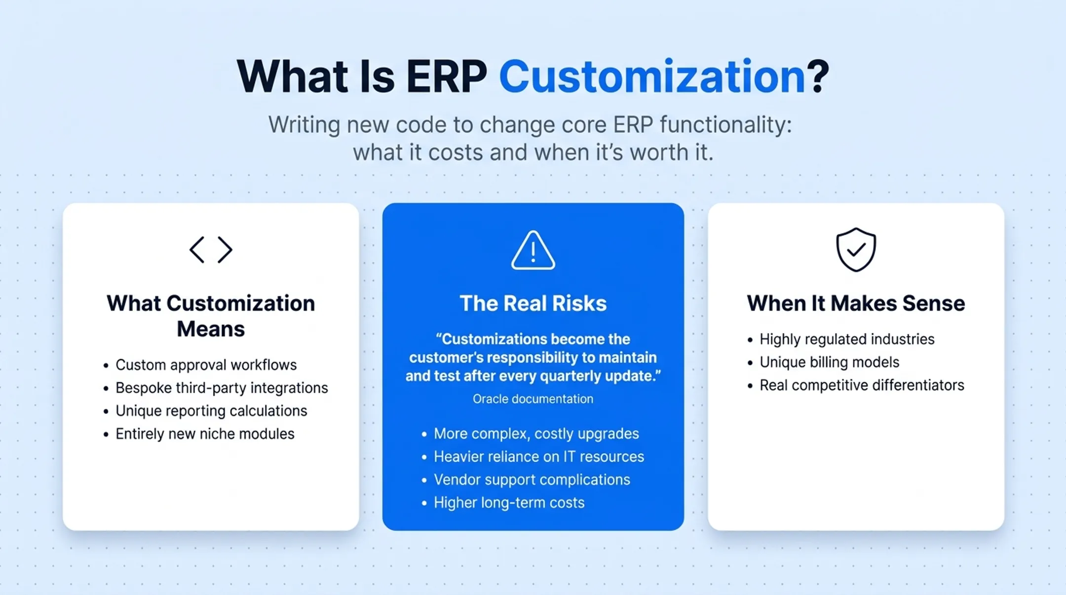 Risks of ERP customization affecting upgrades and long-term costs