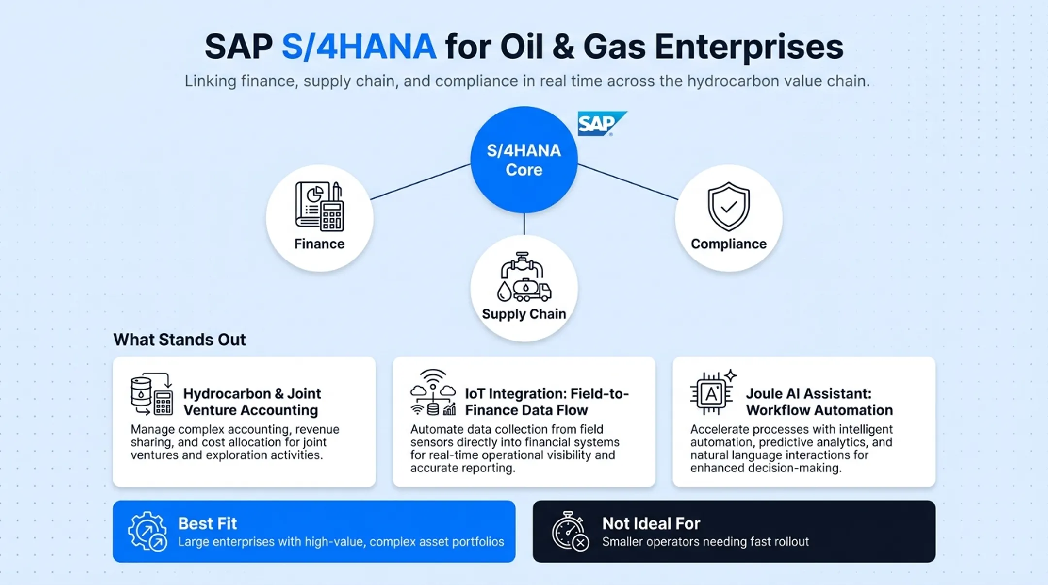 SAP S4HANA dashboard interface showing oil and gas financial data