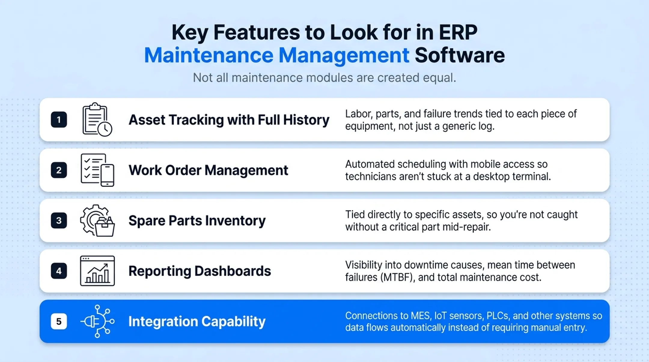 Five key ERP maintenance software features checklist infographic