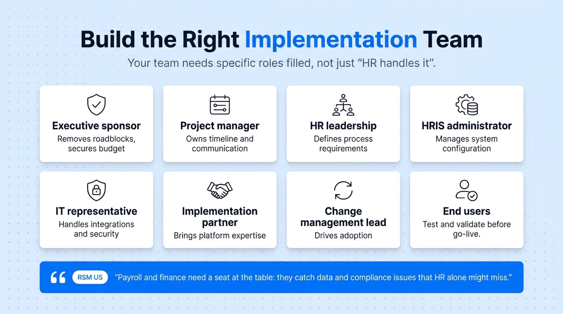 HCM implementation team roles chart including sponsor project manager and IT