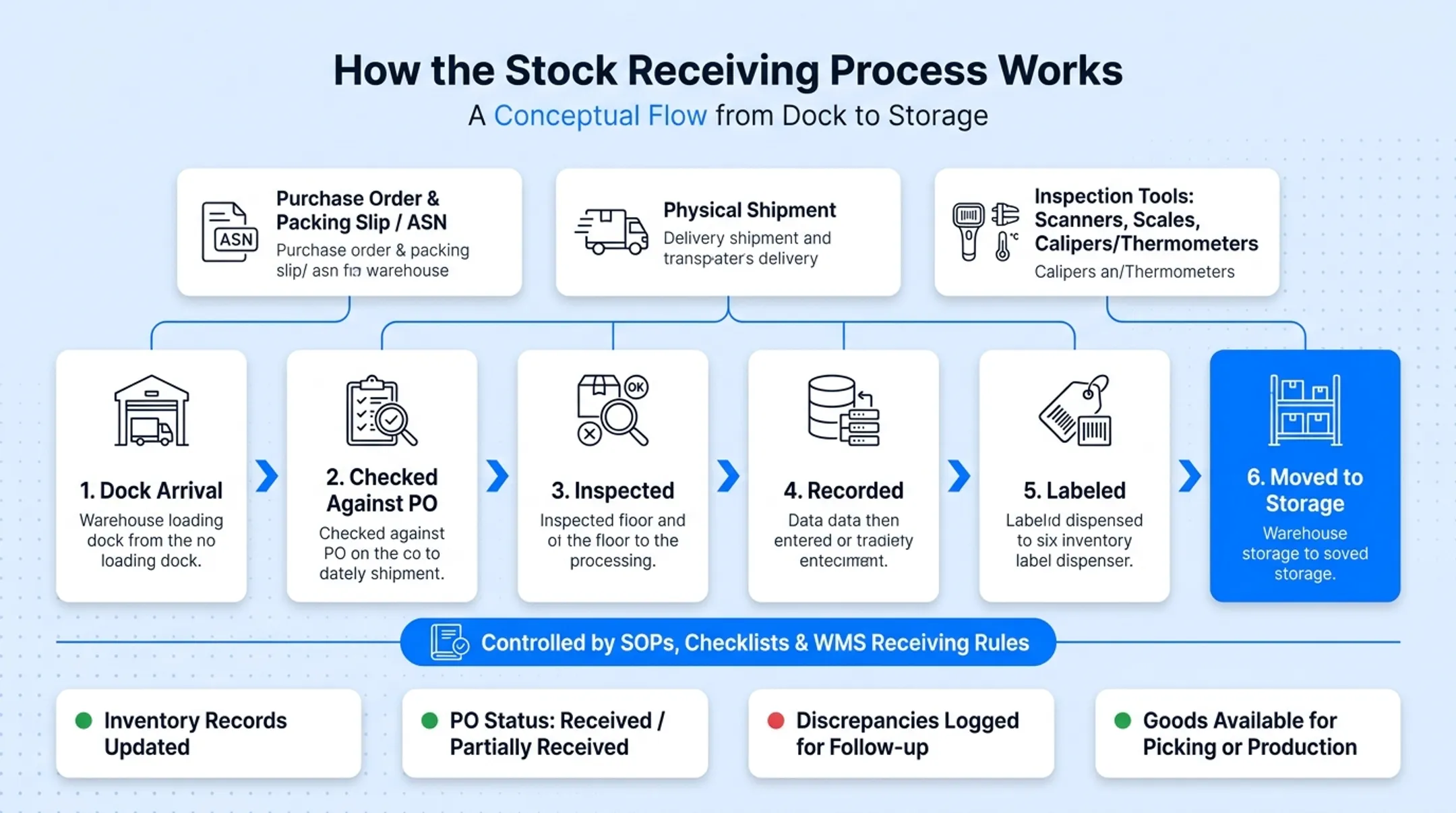 3-step stock receiving process flow from prep to put-away