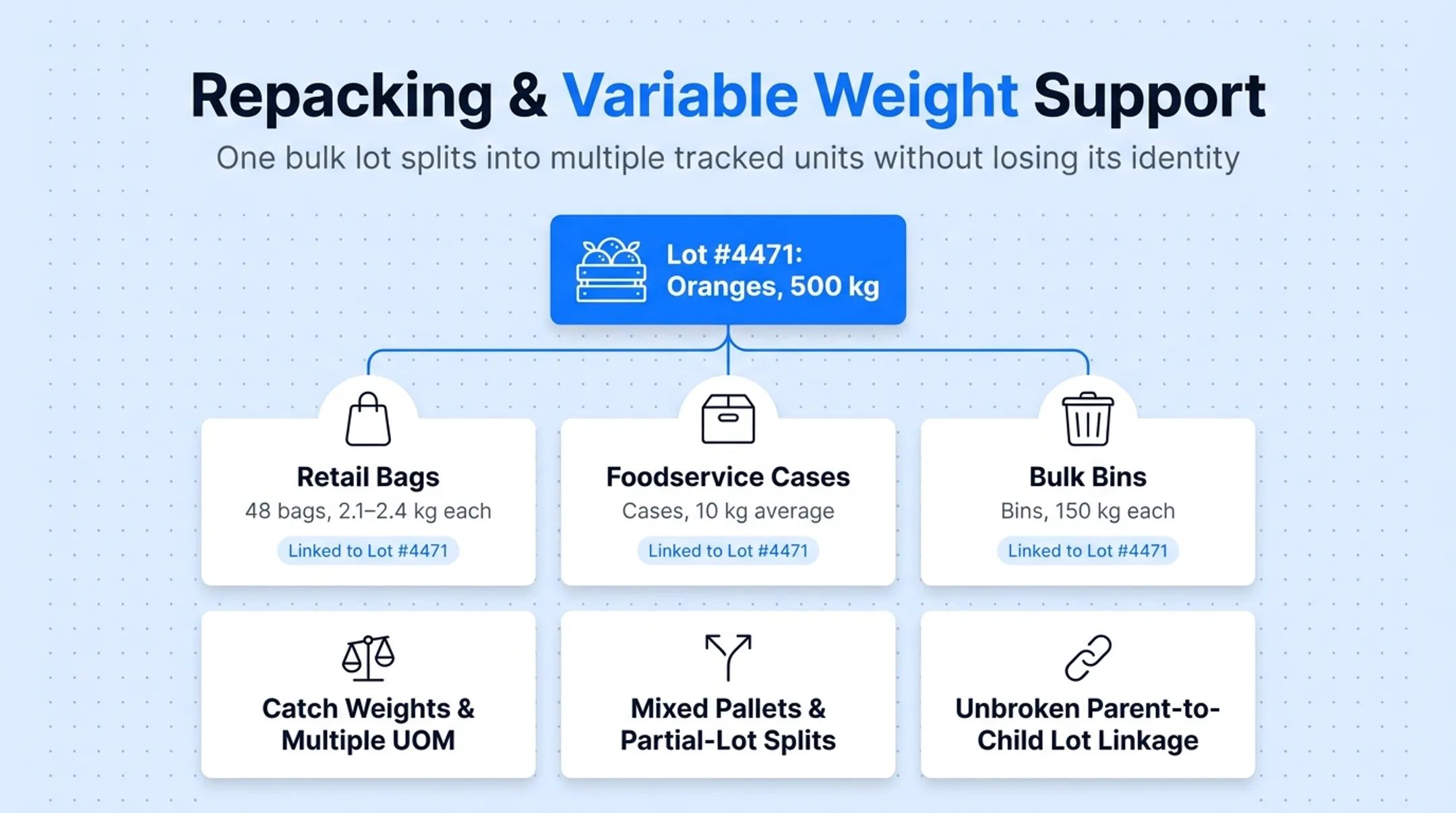 Lot splitting workflow from bulk delivery to repacked retail units