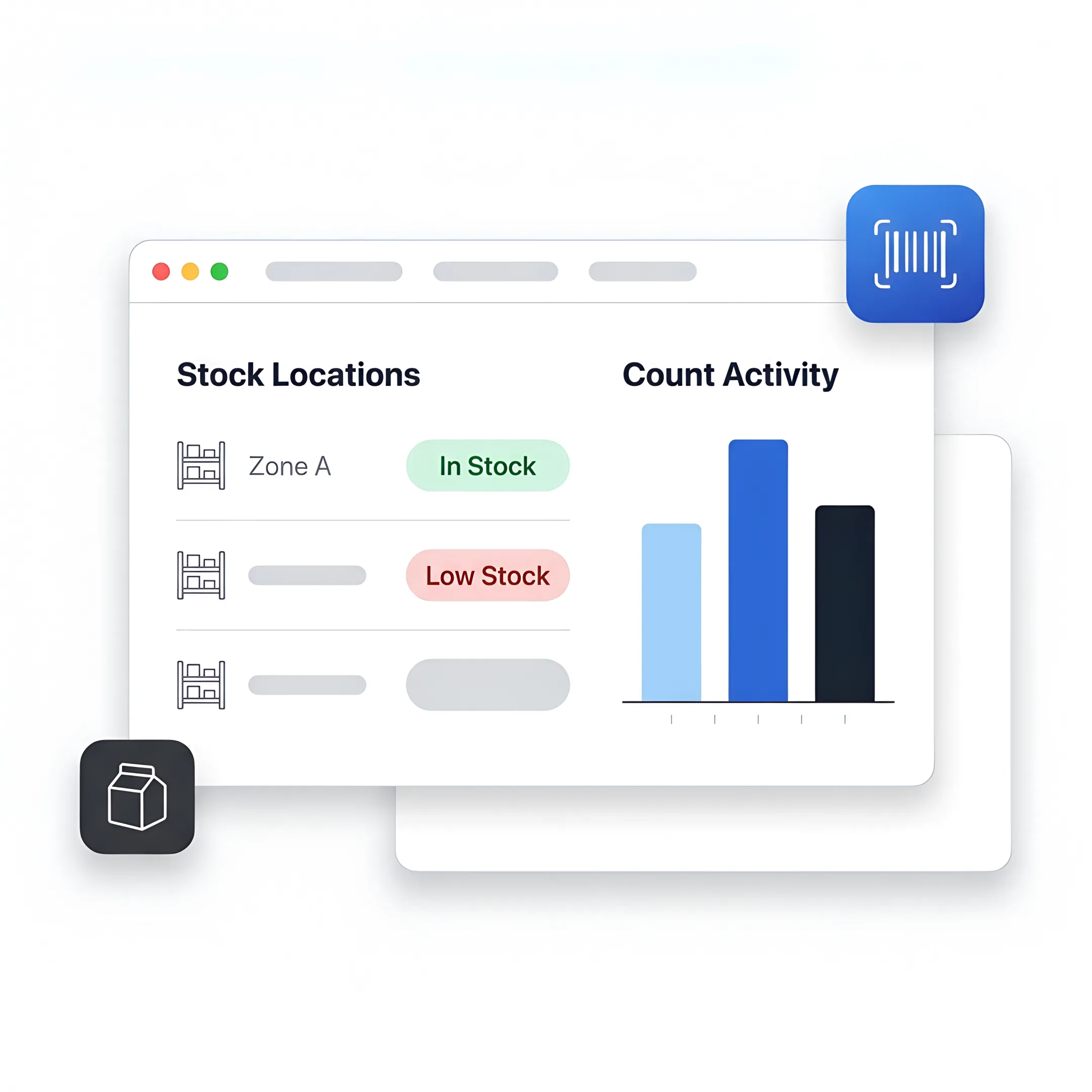 Digital inventory dashboard beside organized warehouse shelves