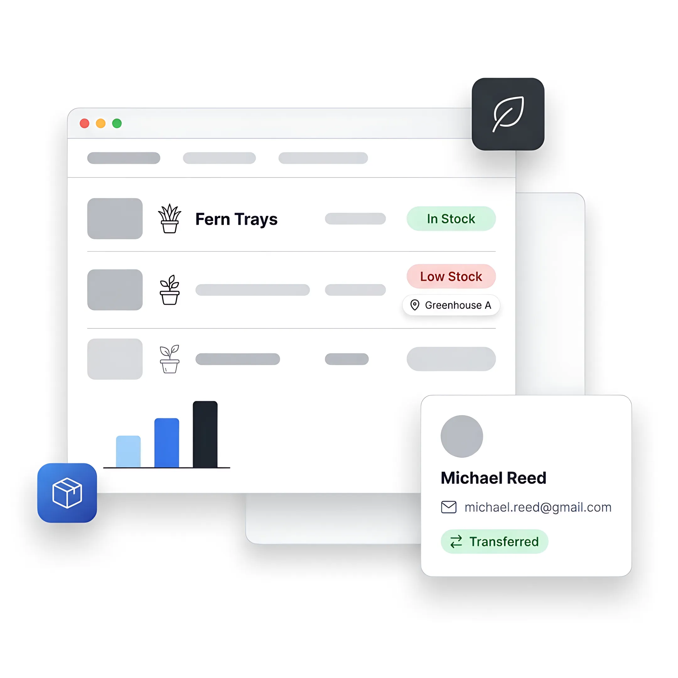 Inventory dashboard showing plant products and stock locations