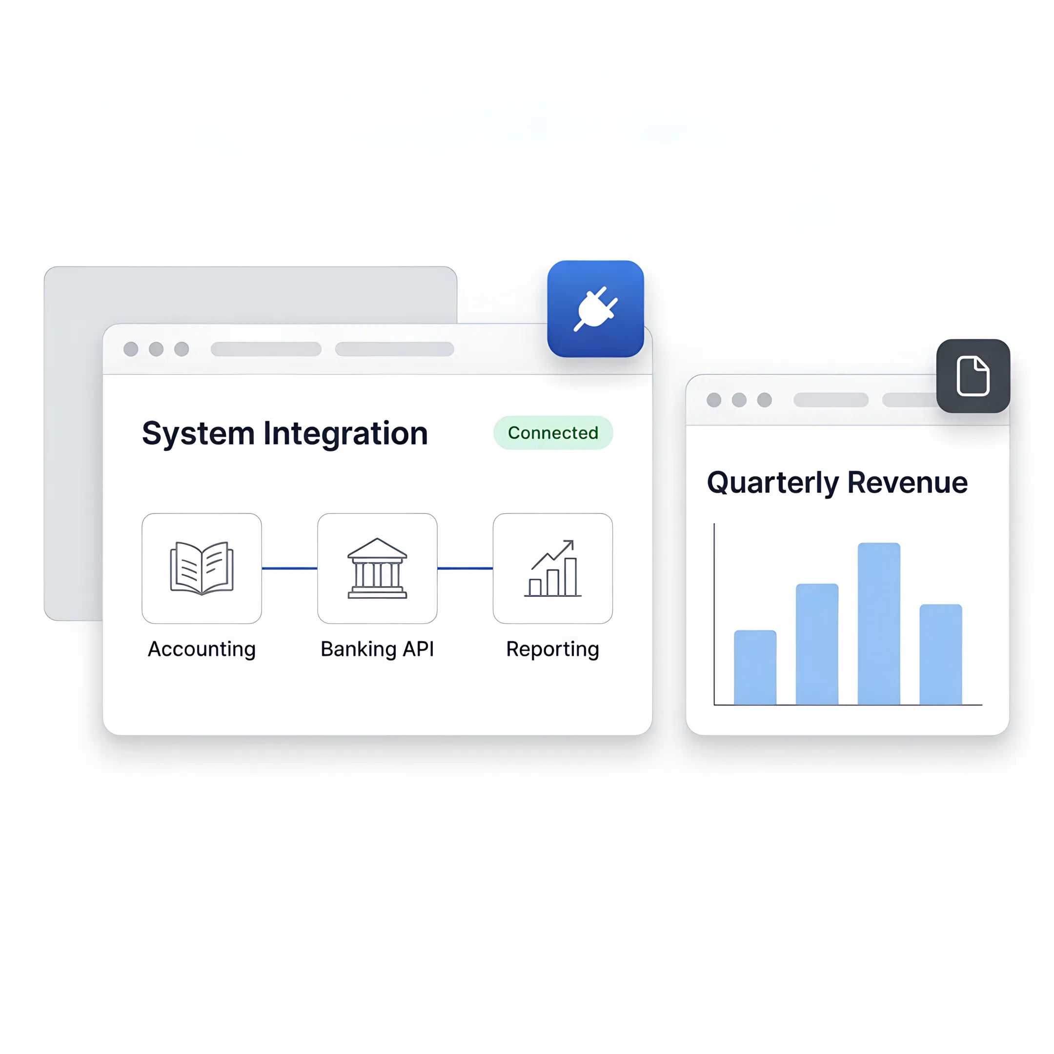 Financial software architecture displayed on office monitors