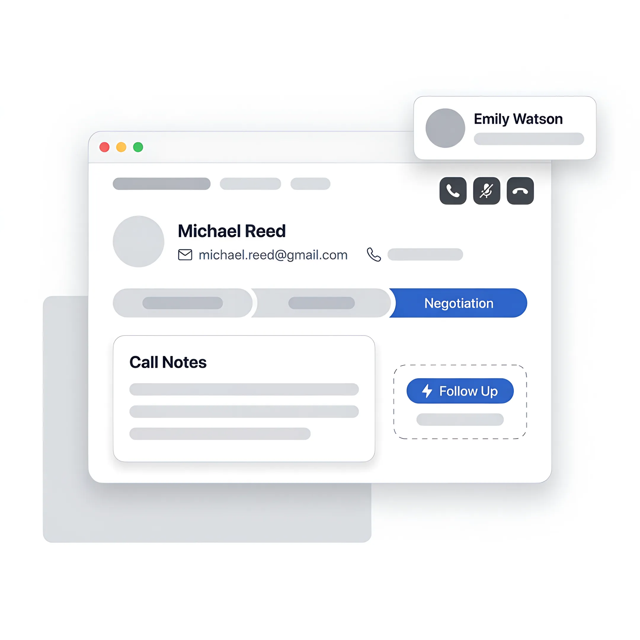 CRM dialer workflow connecting a sales call to a customer profile and follow-up task