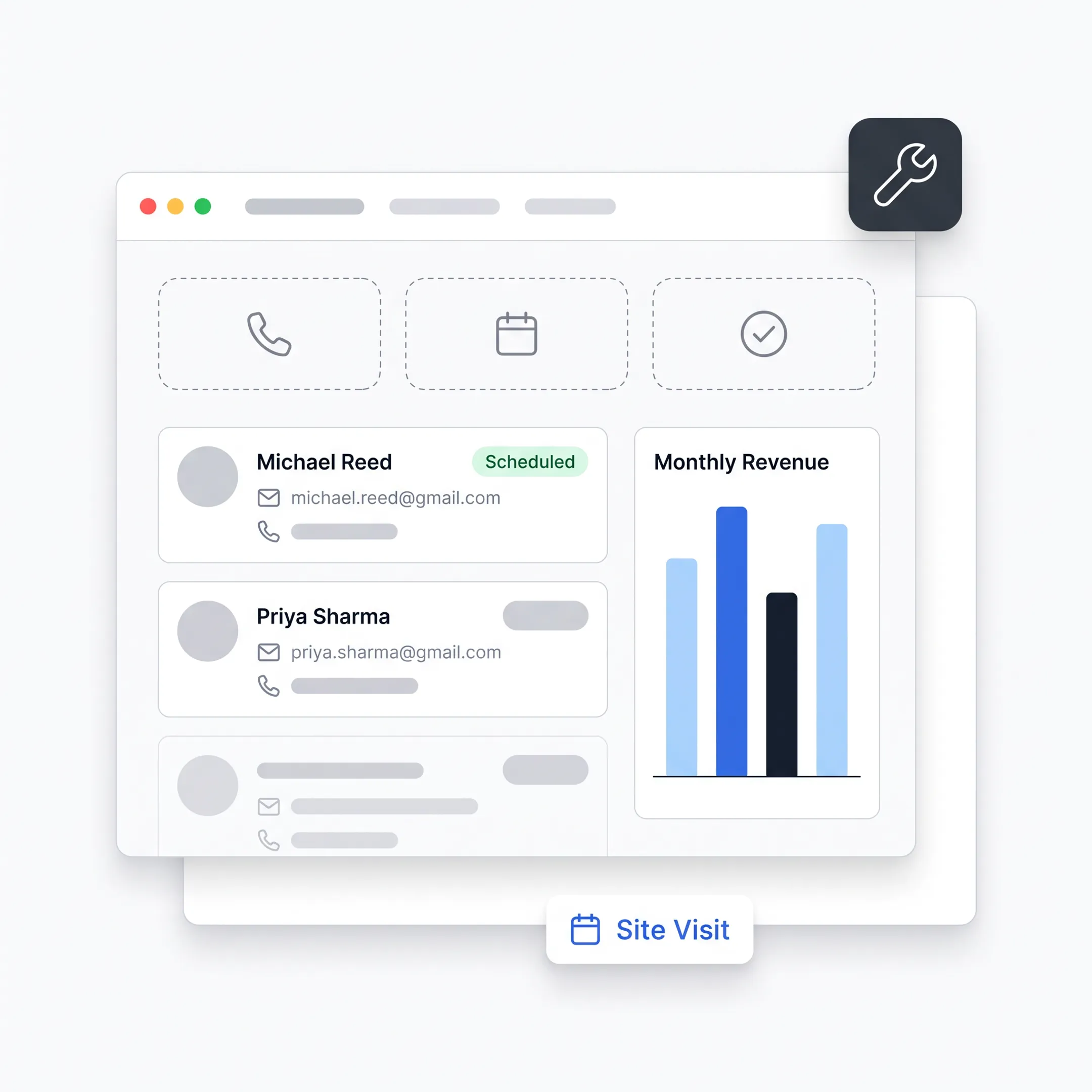 CRM dashboard displaying plumbing leads and customer activity