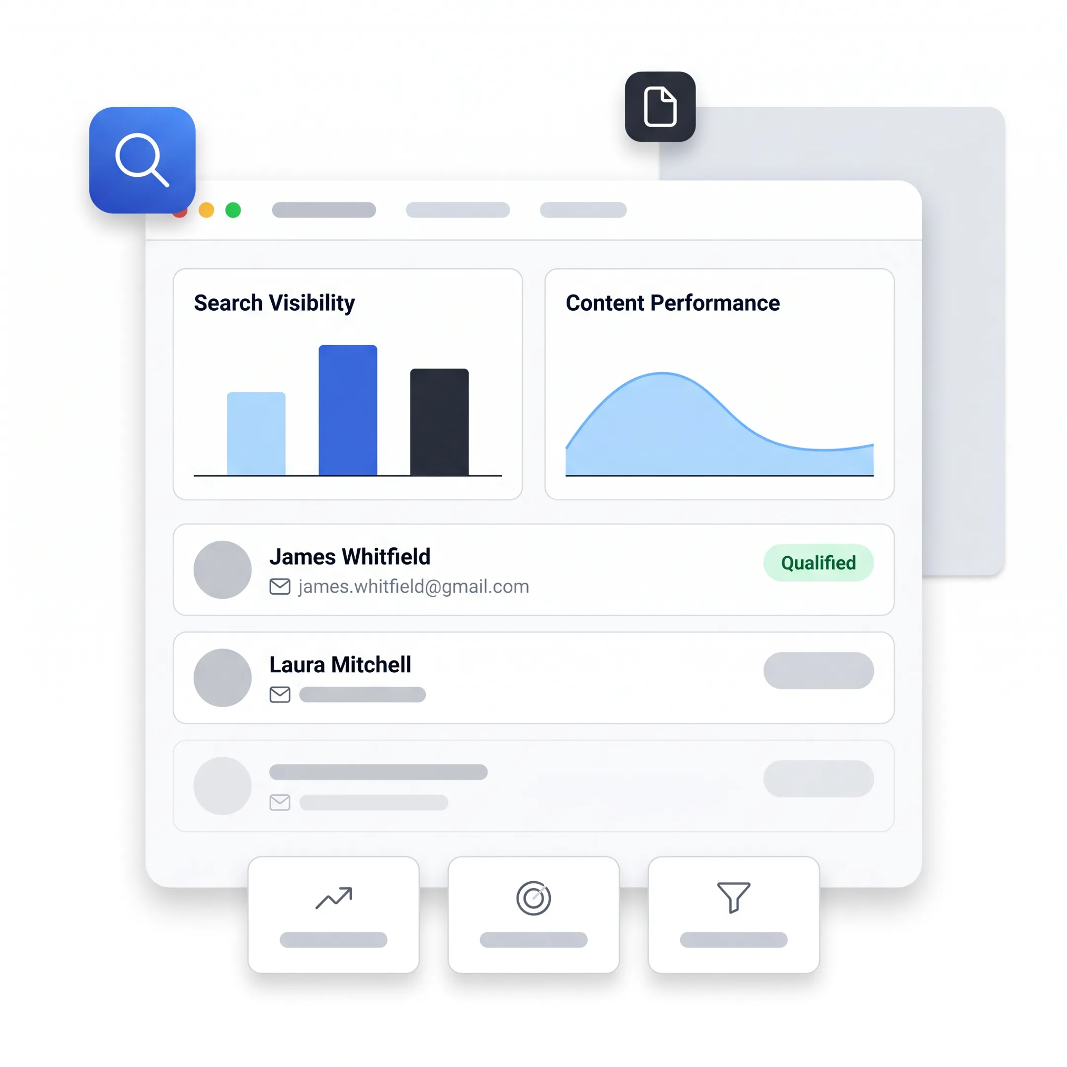 AI marketing dashboard showing technology business search and lead performance