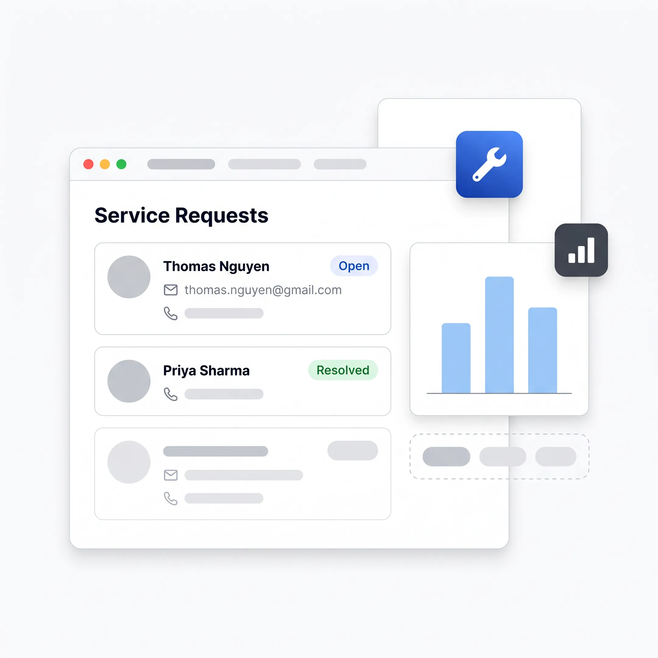 CRM dashboard coordinating field service activity