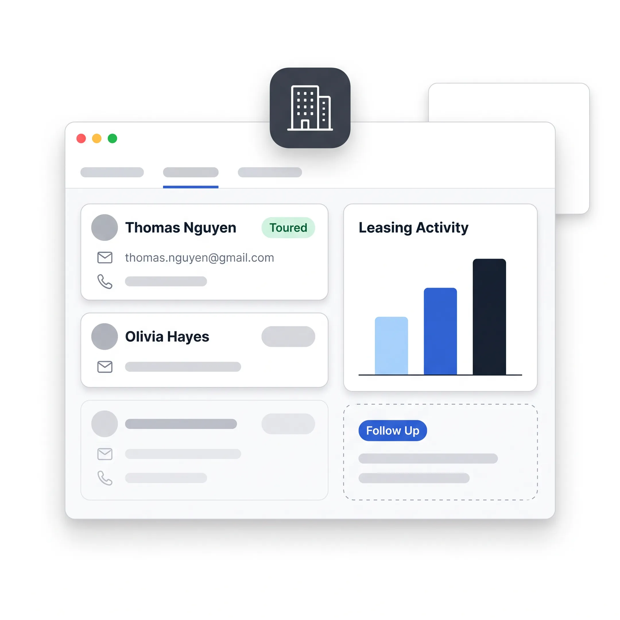 CRM dashboard showing multifamily leasing activity