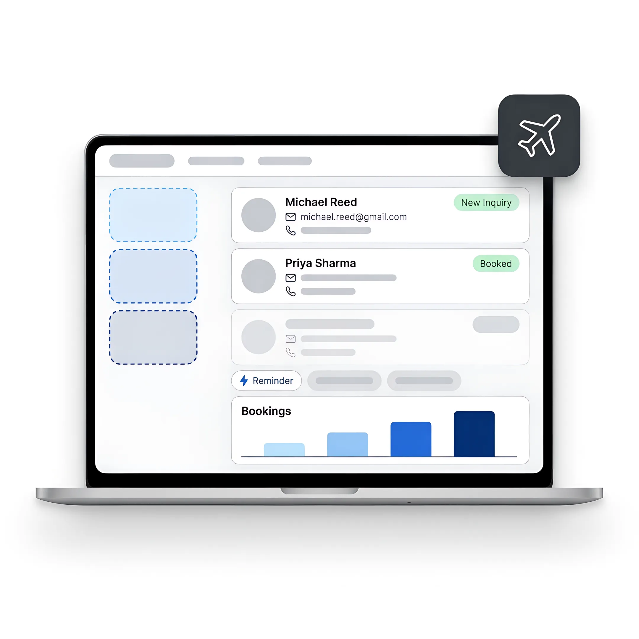 Travel CRM dashboard on laptop