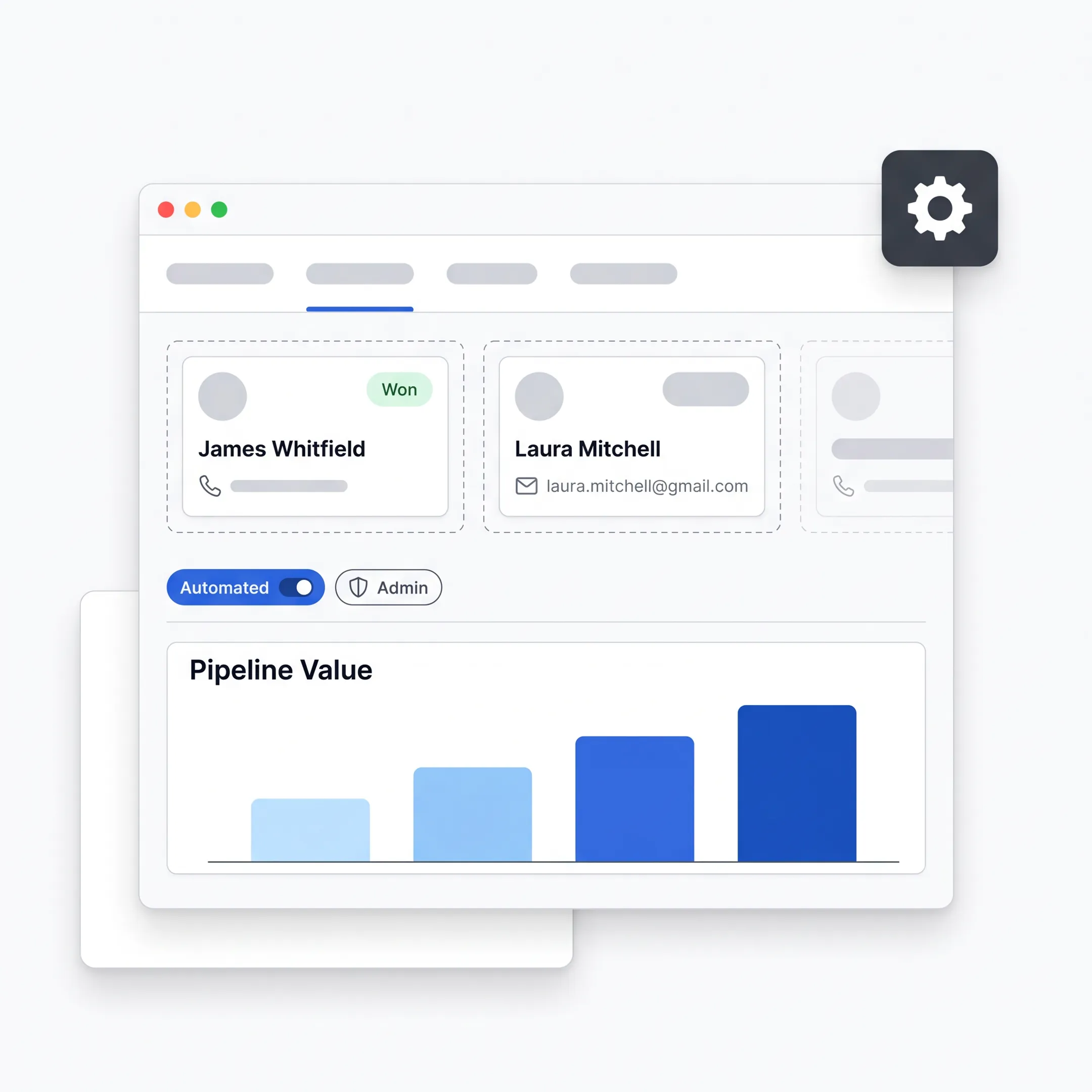 Custom CRM dashboard showing sales pipeline and customer activity