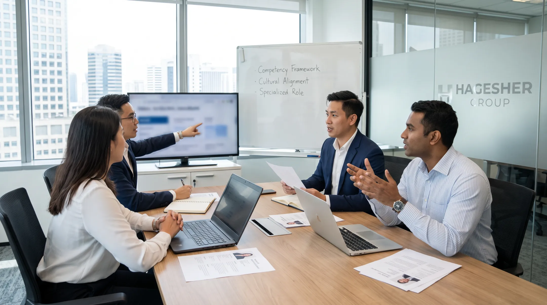 Recruiting consultants reviewing candidate profiles for specialized hiring search