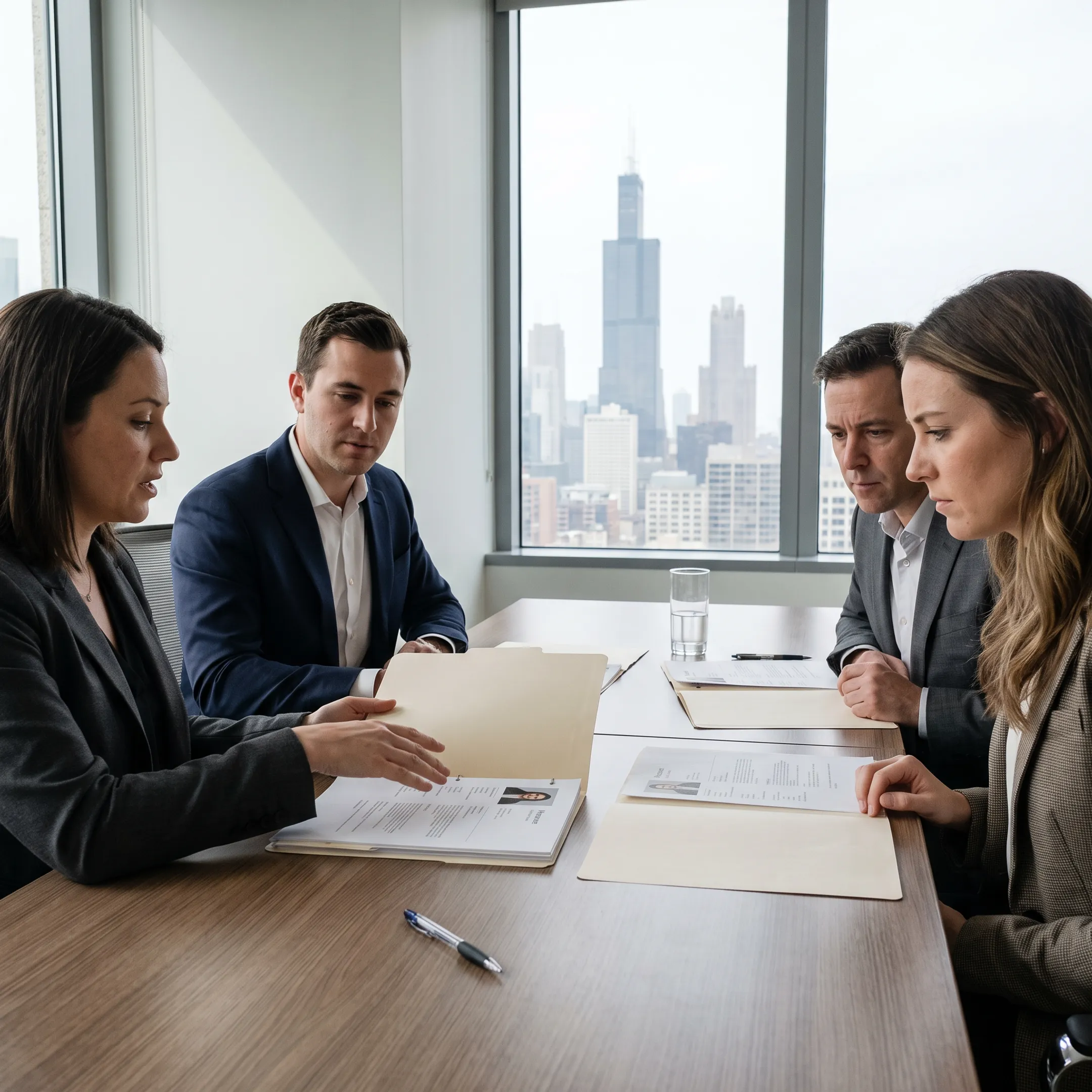 Executive recruiter meeting with employers and reviewing leadership candidates in a Chicago office