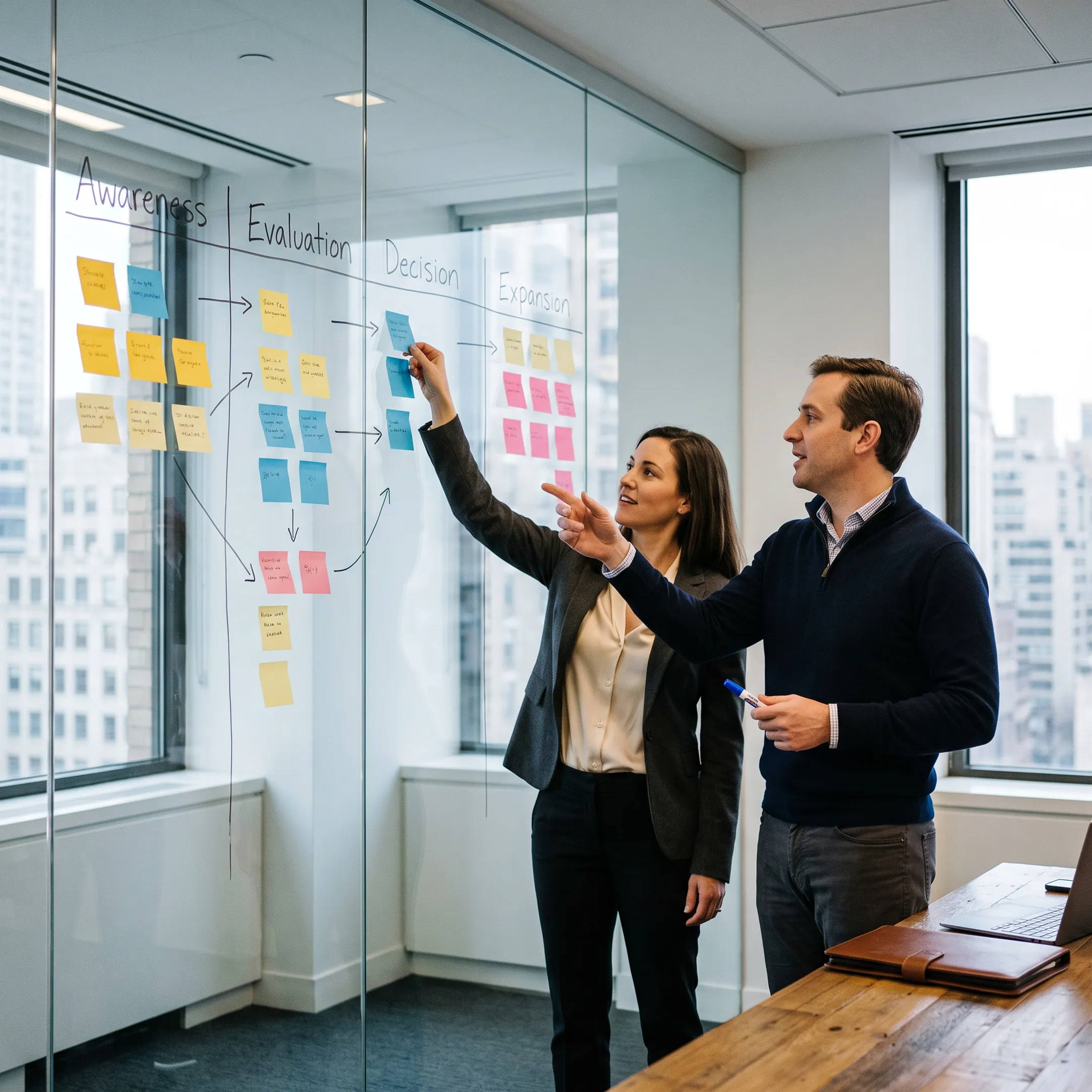 Go-to-market consultants mapping a customer journey and sales funnel
