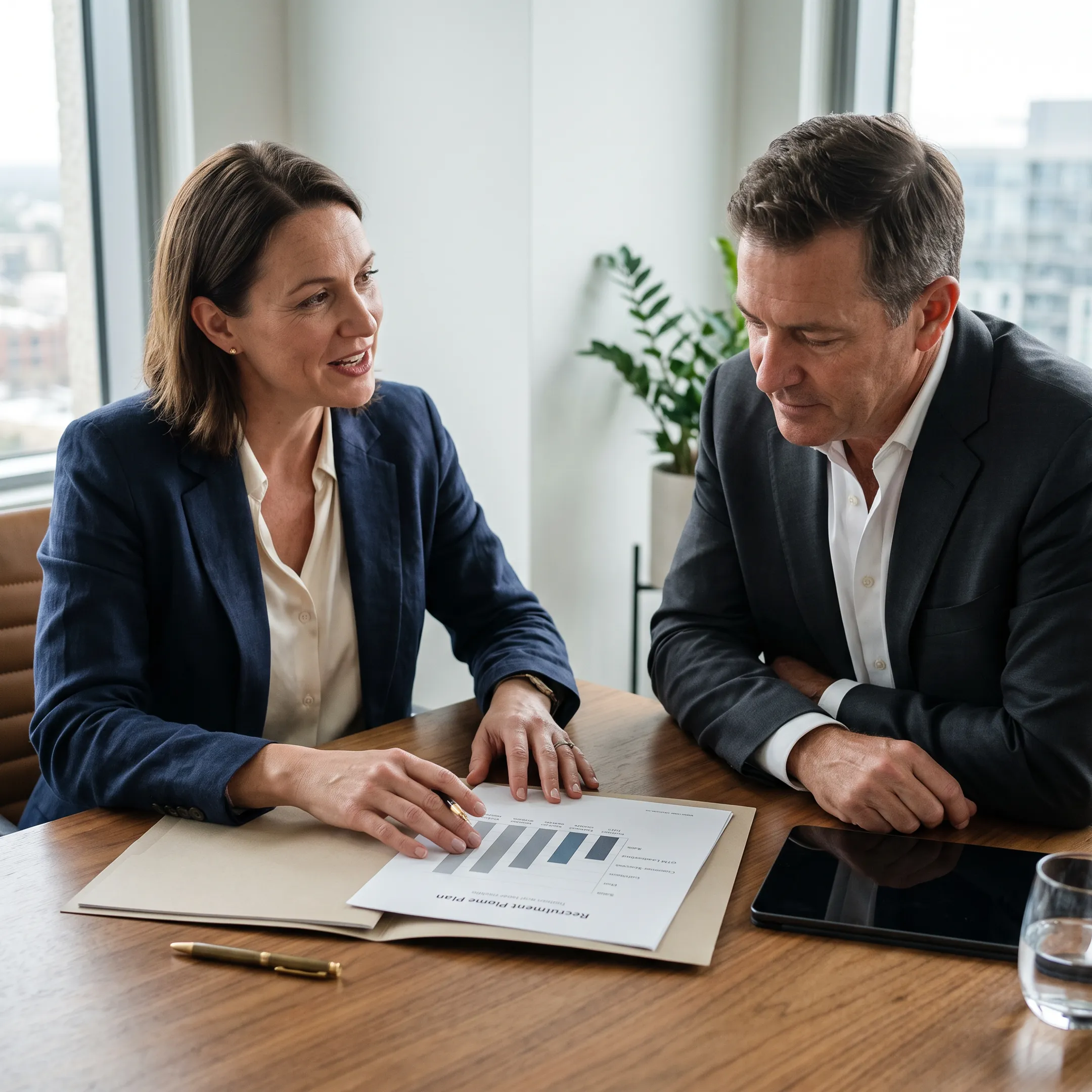Recruitment advisor discussing a content marketing hiring plan with a US employer