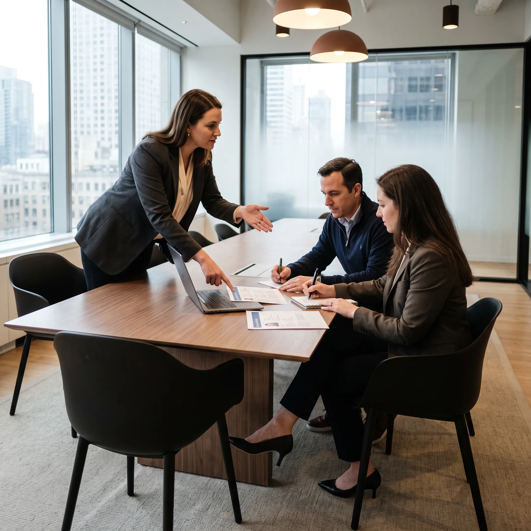 Recruitment team reviewing technology sales candidates with a hiring manager