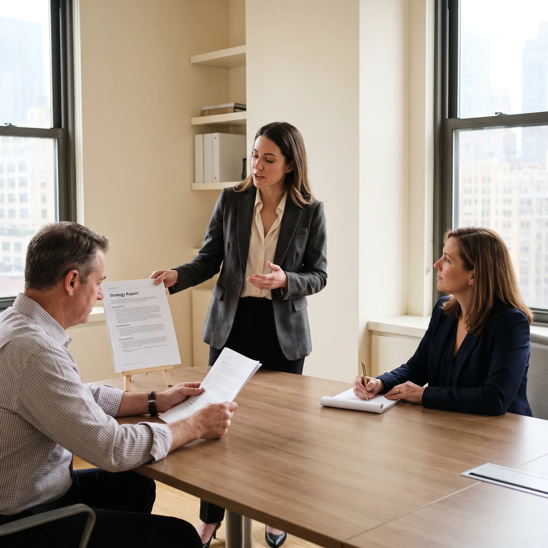 Consultant discussing a marketing recruitment strategy with a New York employer
