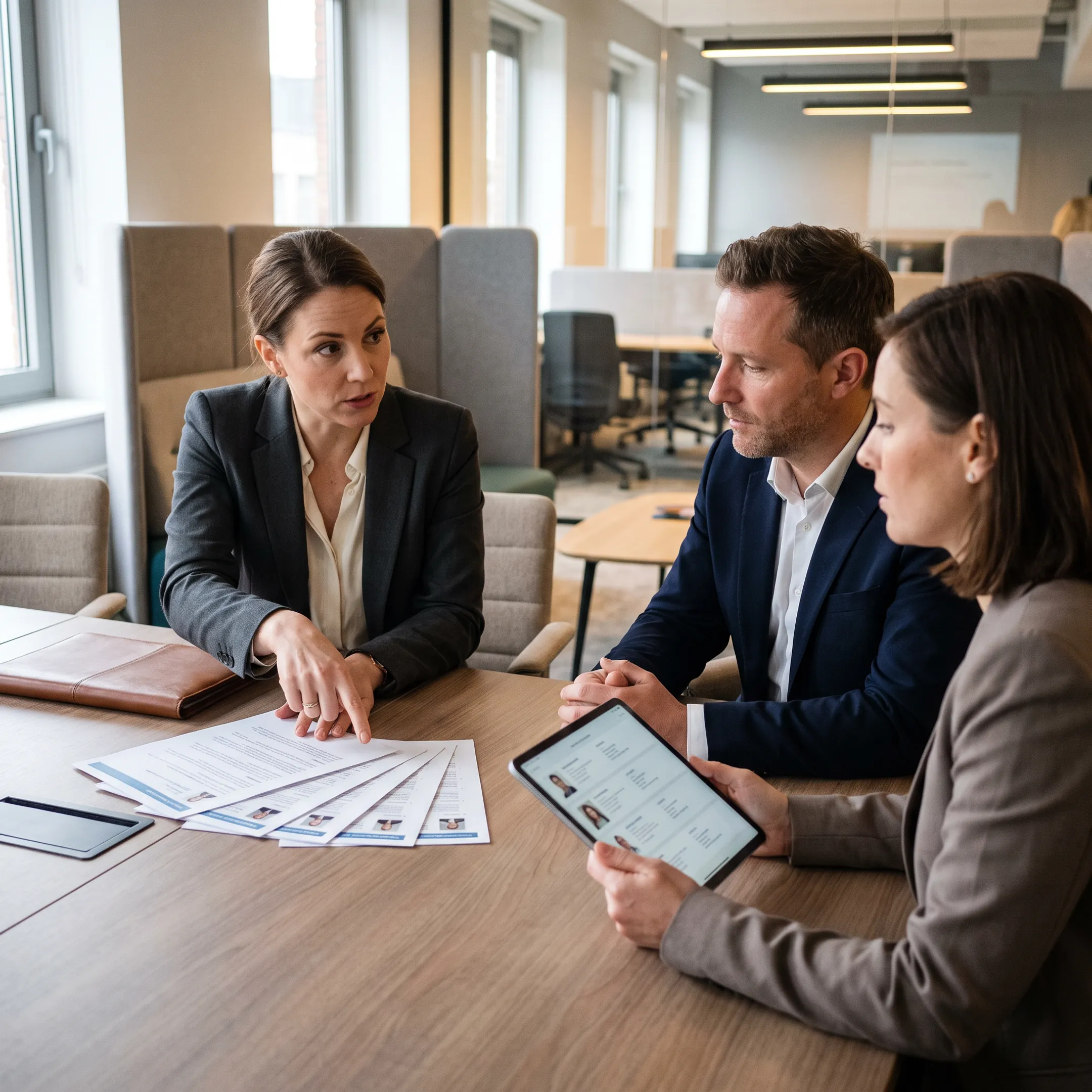 Business leaders discussing marketing recruitment candidates with a recruiter