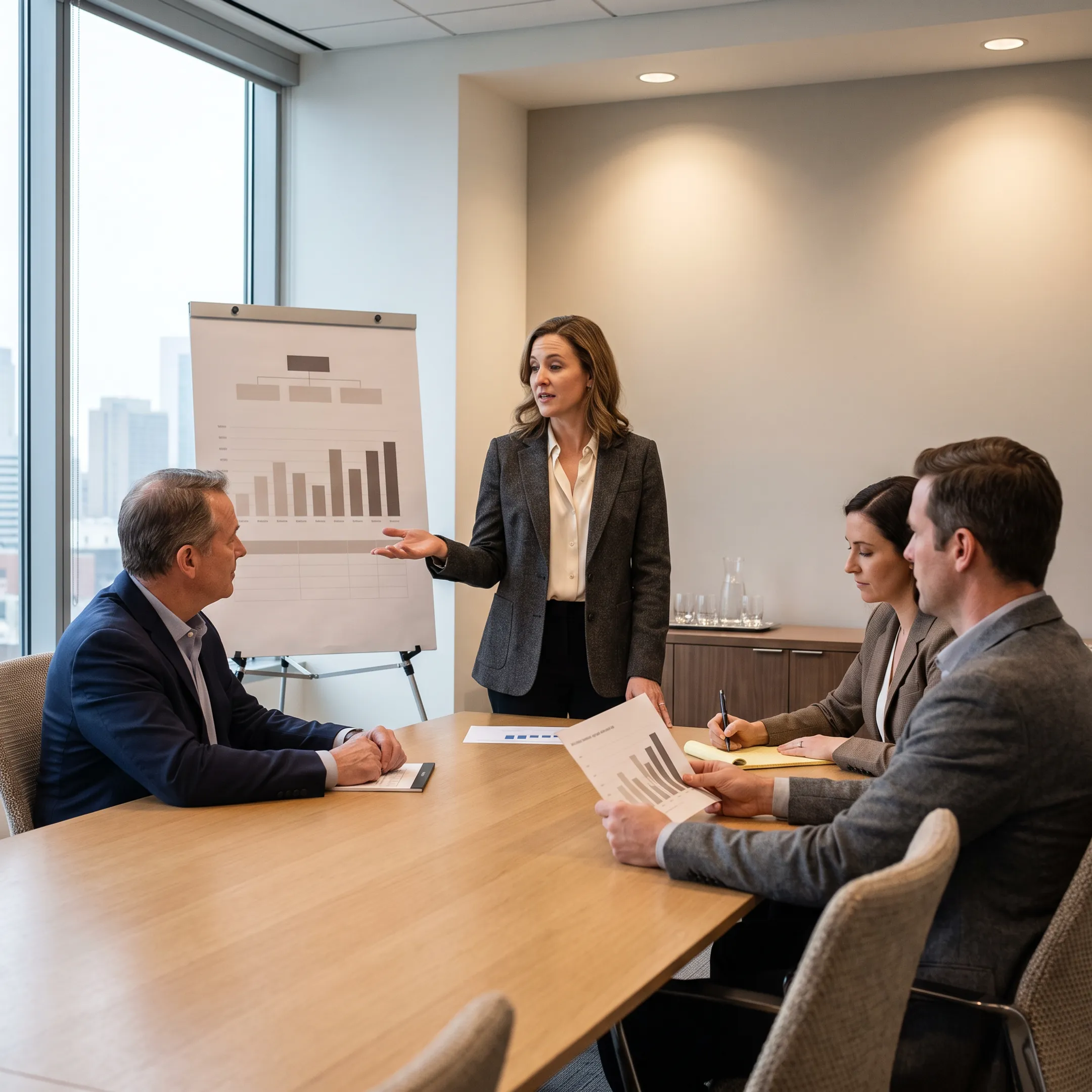 Recruitment advisor discussing industrial sales hiring strategy with manufacturing executives